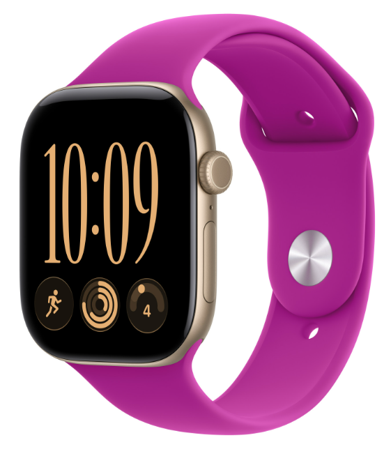 Smartwatch w złotej kopercie z fuksjowym paskiem pokazuje godzinę 10:09 na czarnym ekranie.