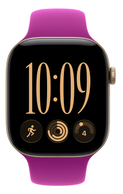 Smartwatch z różowym paskiem pokazuje godzinę 10:09 i trzy ikony aktywności na czarnym ekranie.