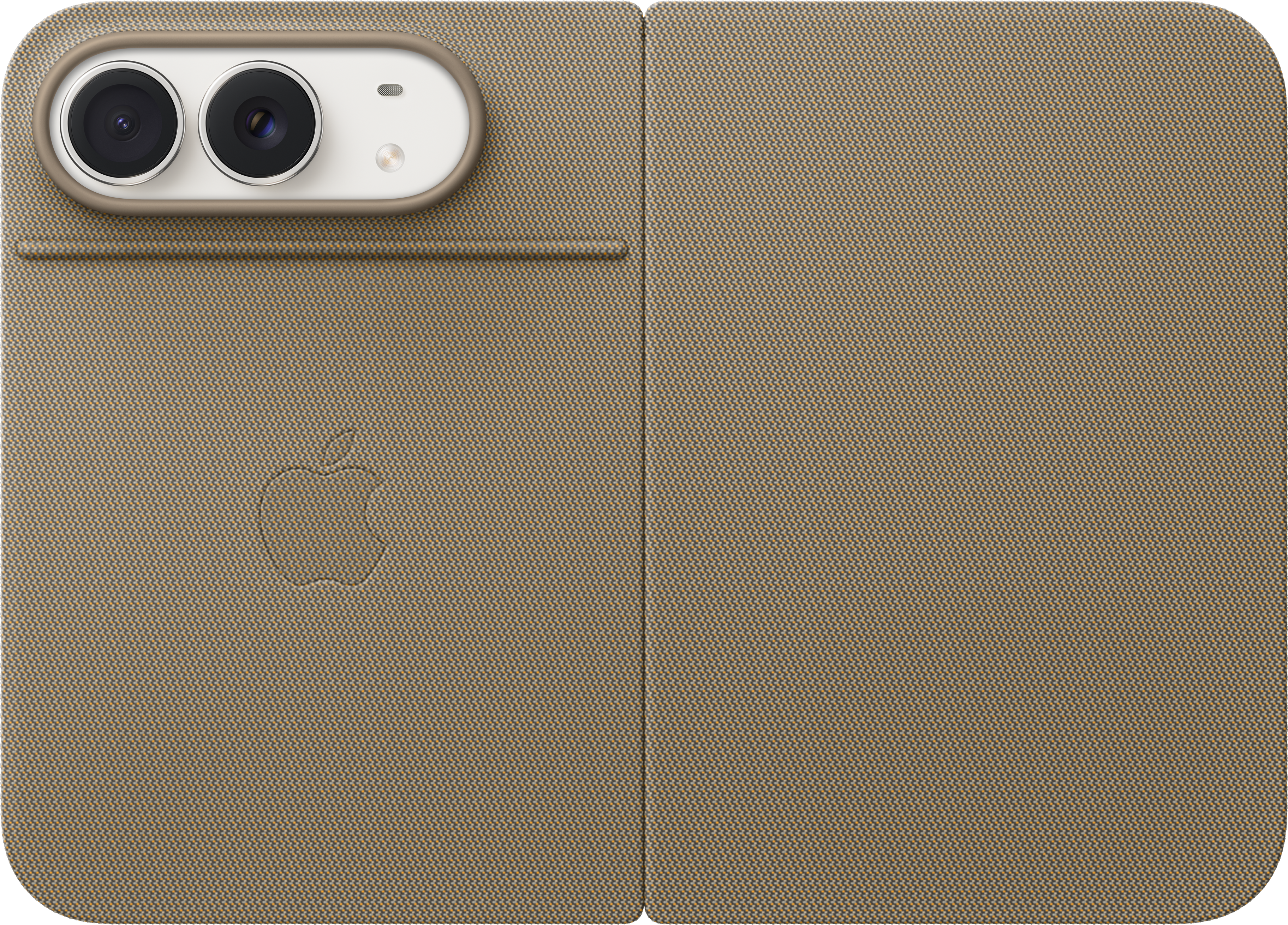 Étui pliable en tissu beige pour iPhone avec découpe pour appareil photo et logo Apple.