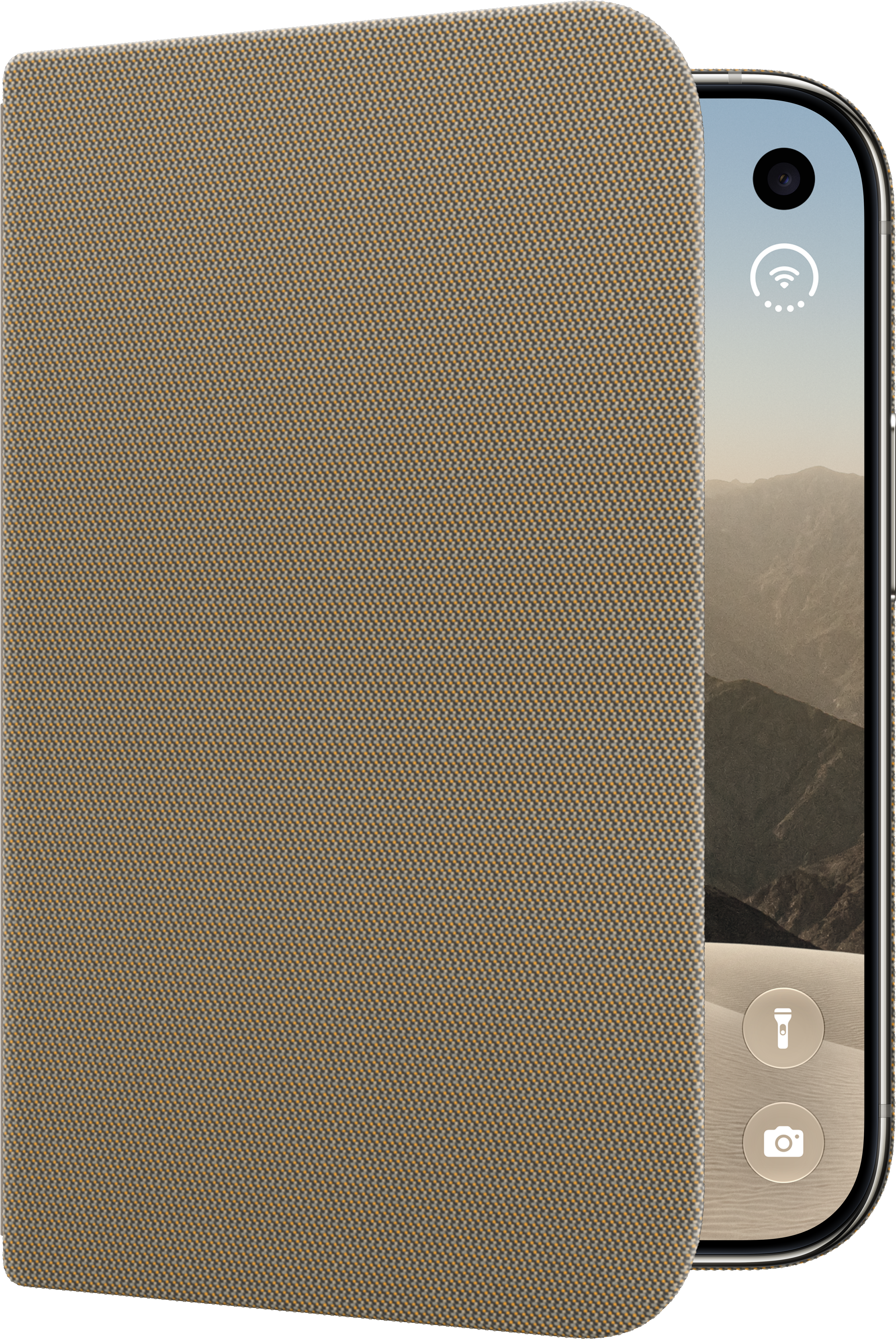 Smartphone avec étui en tissu marron et fond d'écran de montagne.