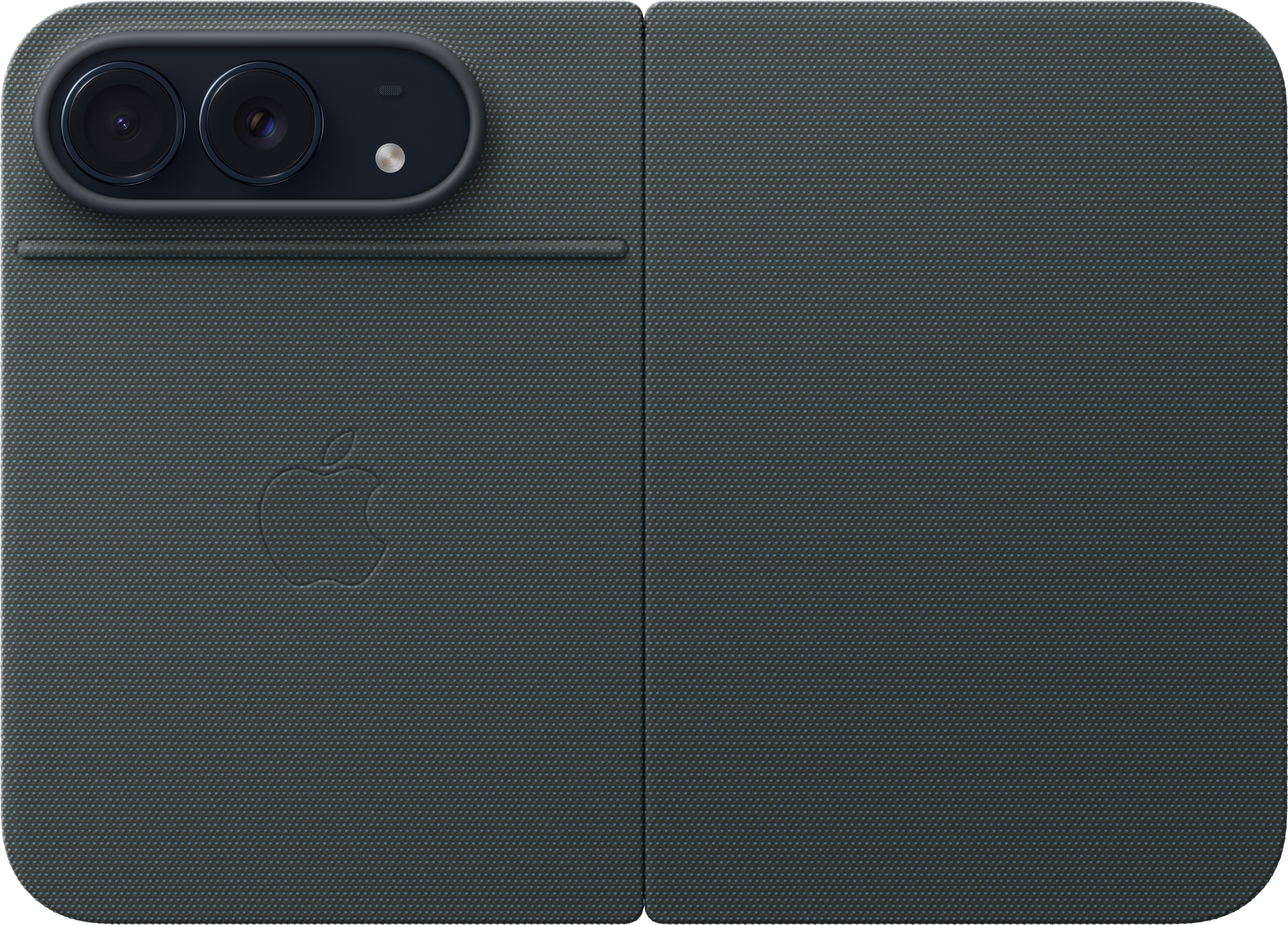 Étui folio gris foncé texturé avec module photo double horizontal et logo Apple en relief.