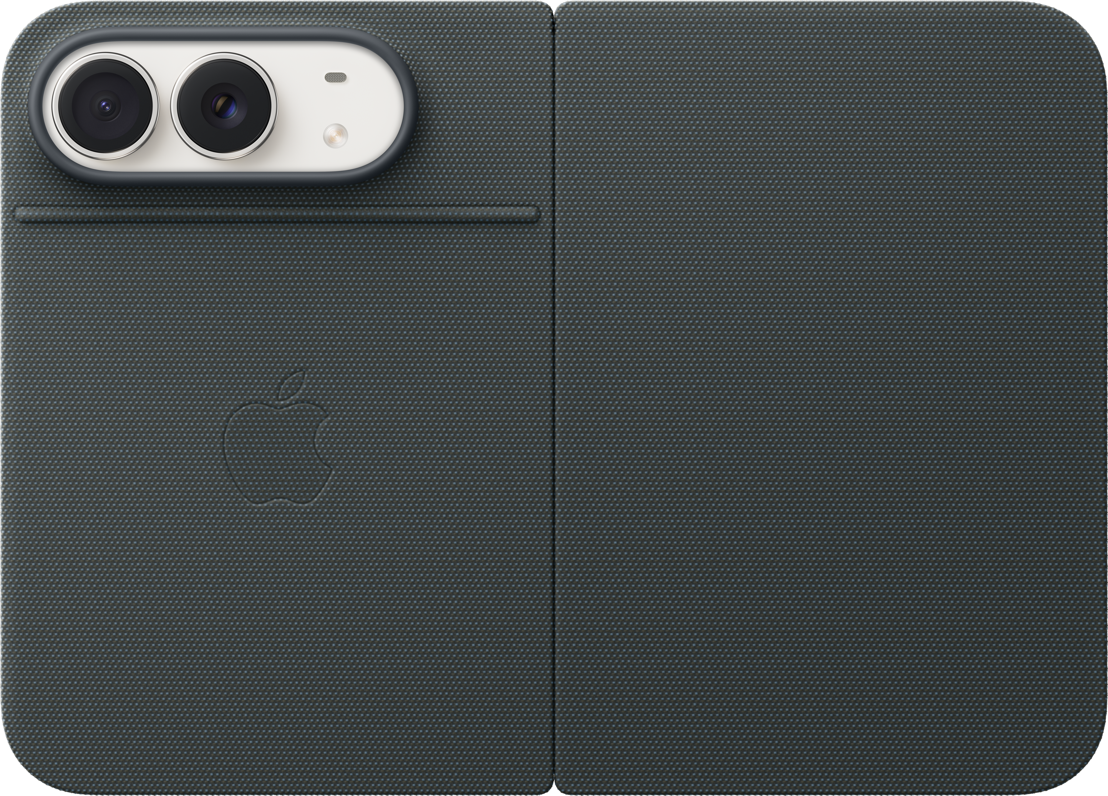 Coque de téléphone texturée gris foncé avec double appareil photo, flash et logo Apple.