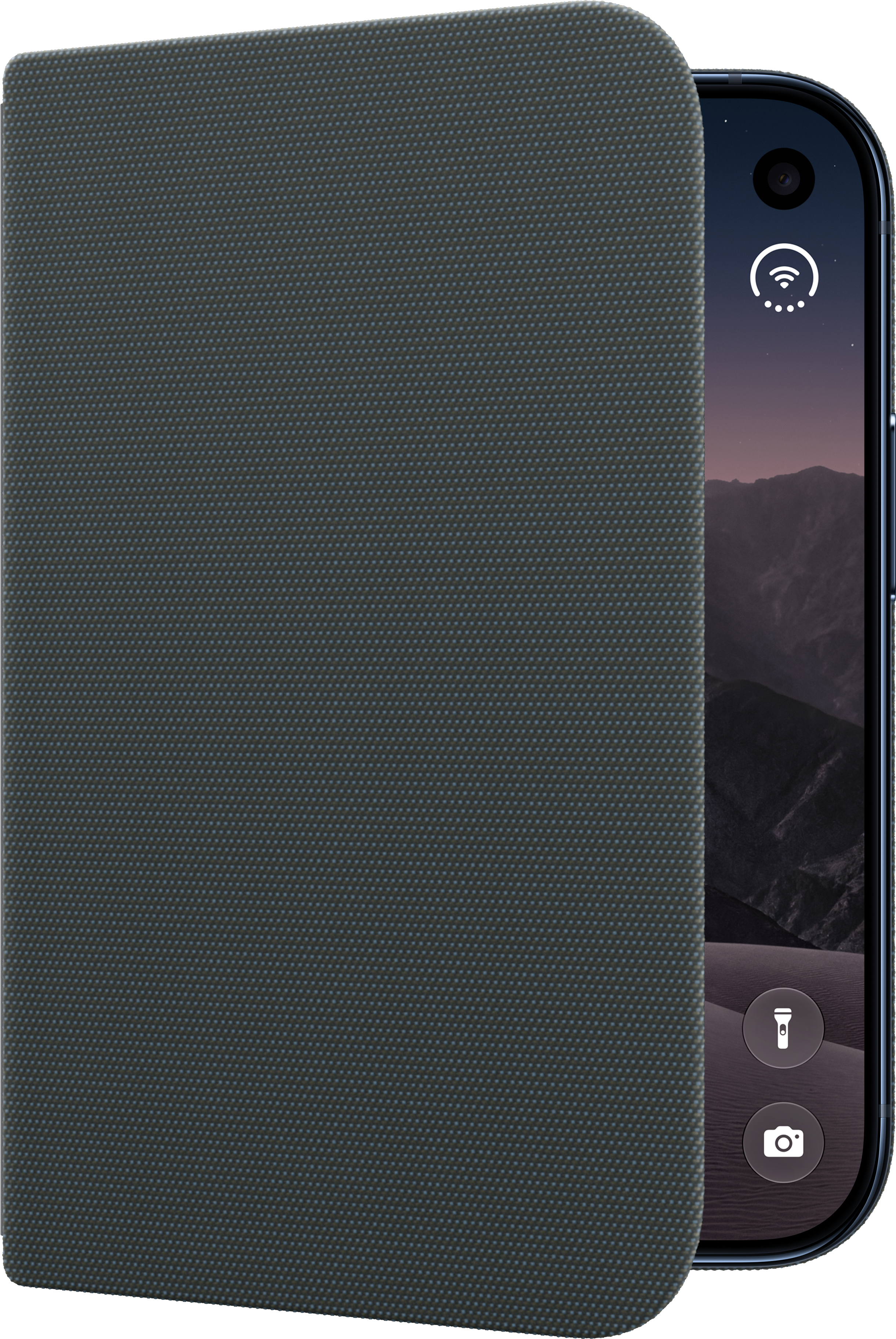 Un smartphone avec une coque en tissu gris affiche son écran de verrouillage avec des montagnes.