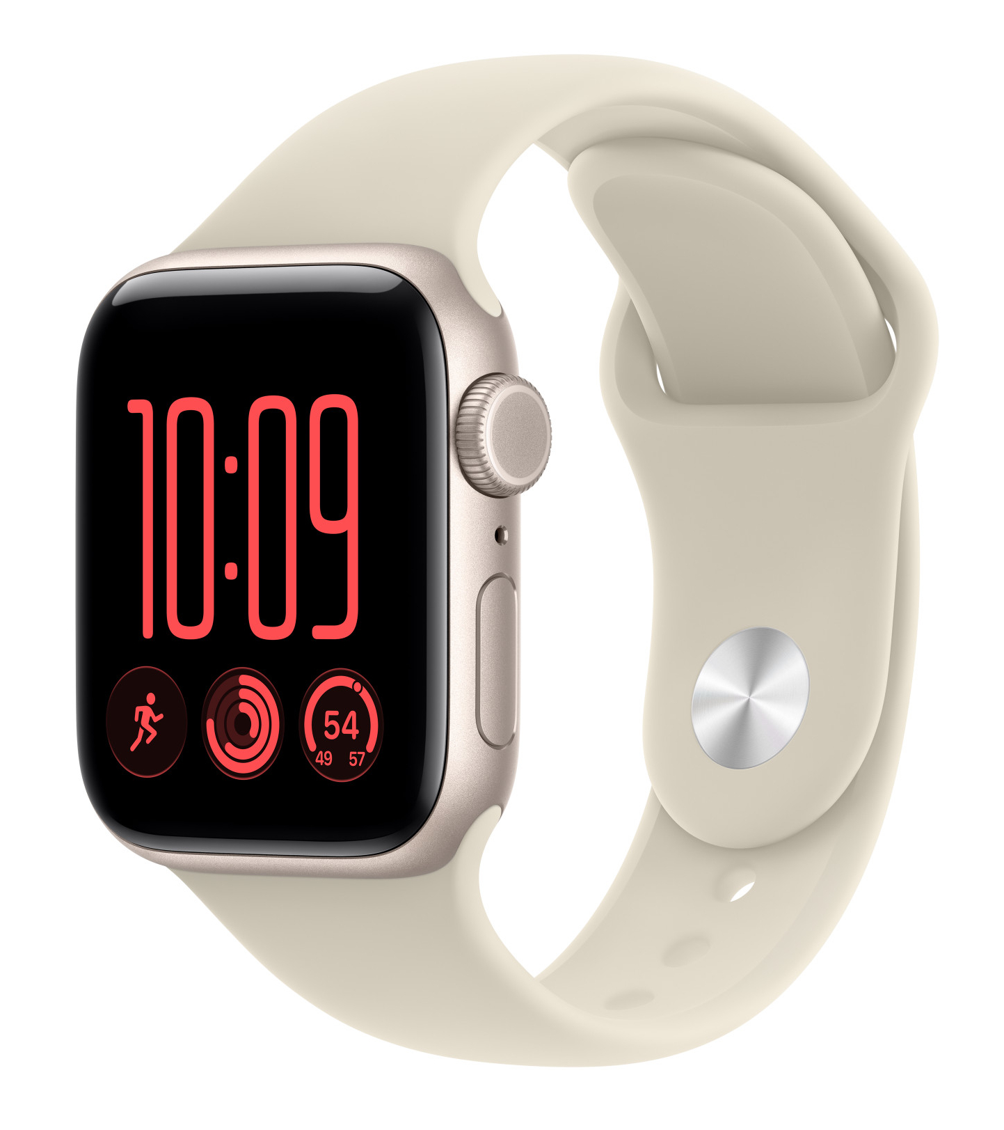 Złoty smartwatch z kremowym silikonowym paskiem i czarnym wyświetlaczem z czerwoną godziną.