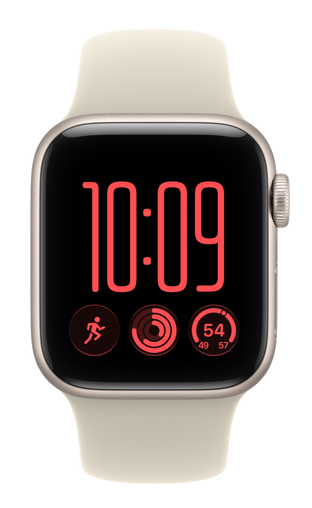 Smartwatch z beżowym paskiem i czerwonym cyfrowym wyświetlaczem pokazuje godzinę 10:09 i ikony aktywności.