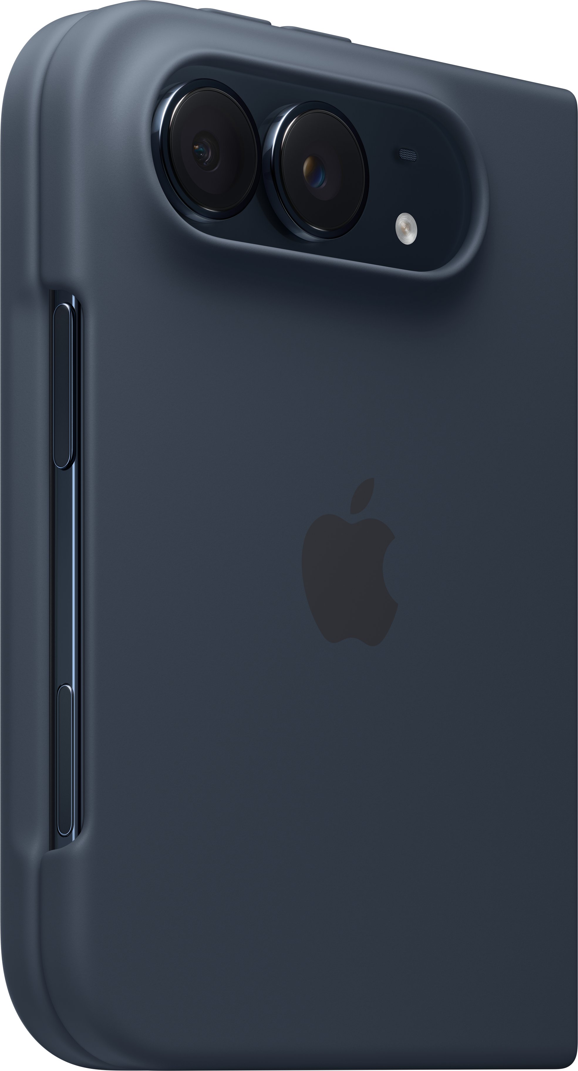 Coque iPhone bleue avec double objectif et logo Apple.