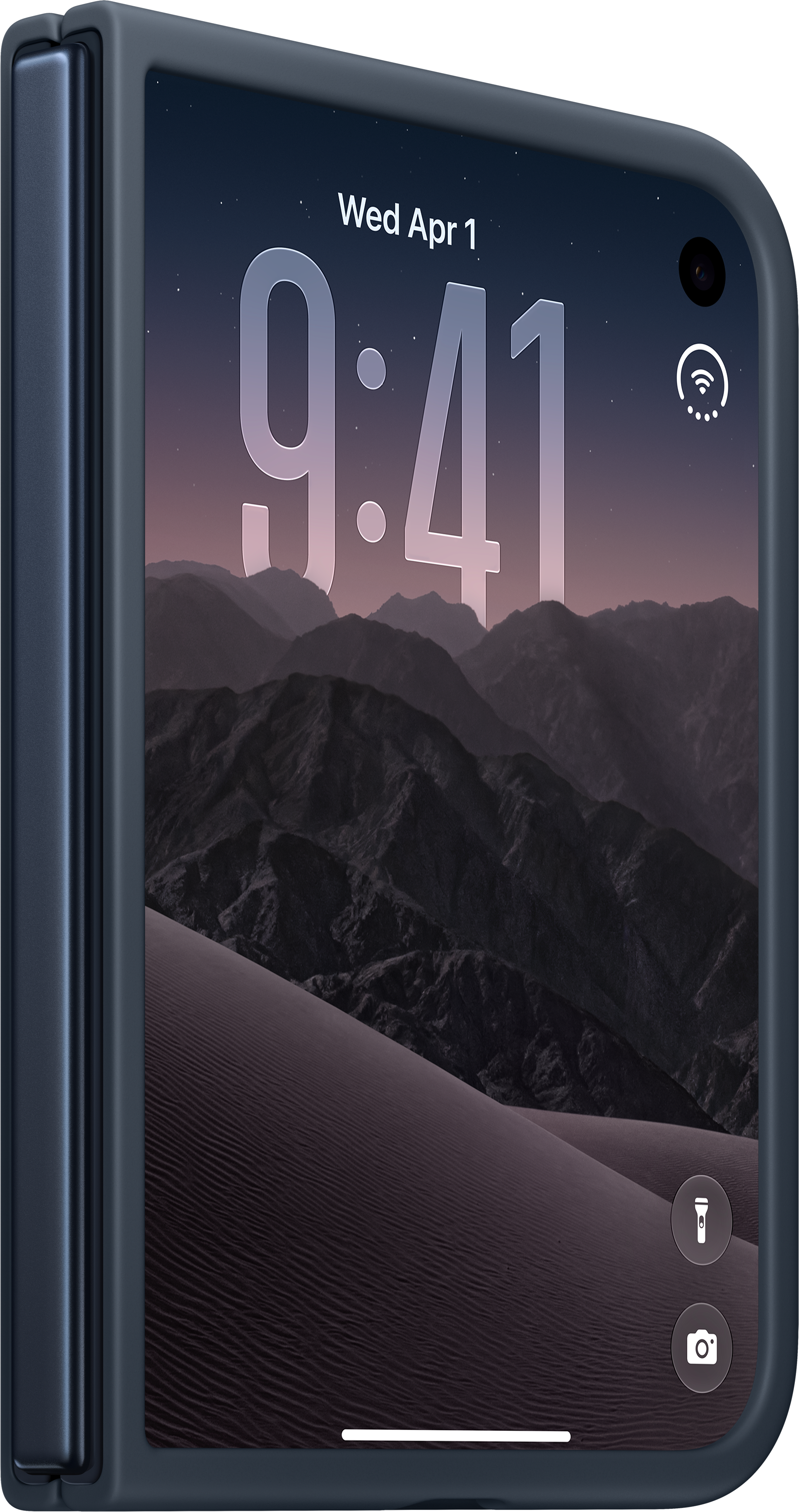 Un smartphone pliable bleu affichant un fond d'écran de montagnes et de désert.