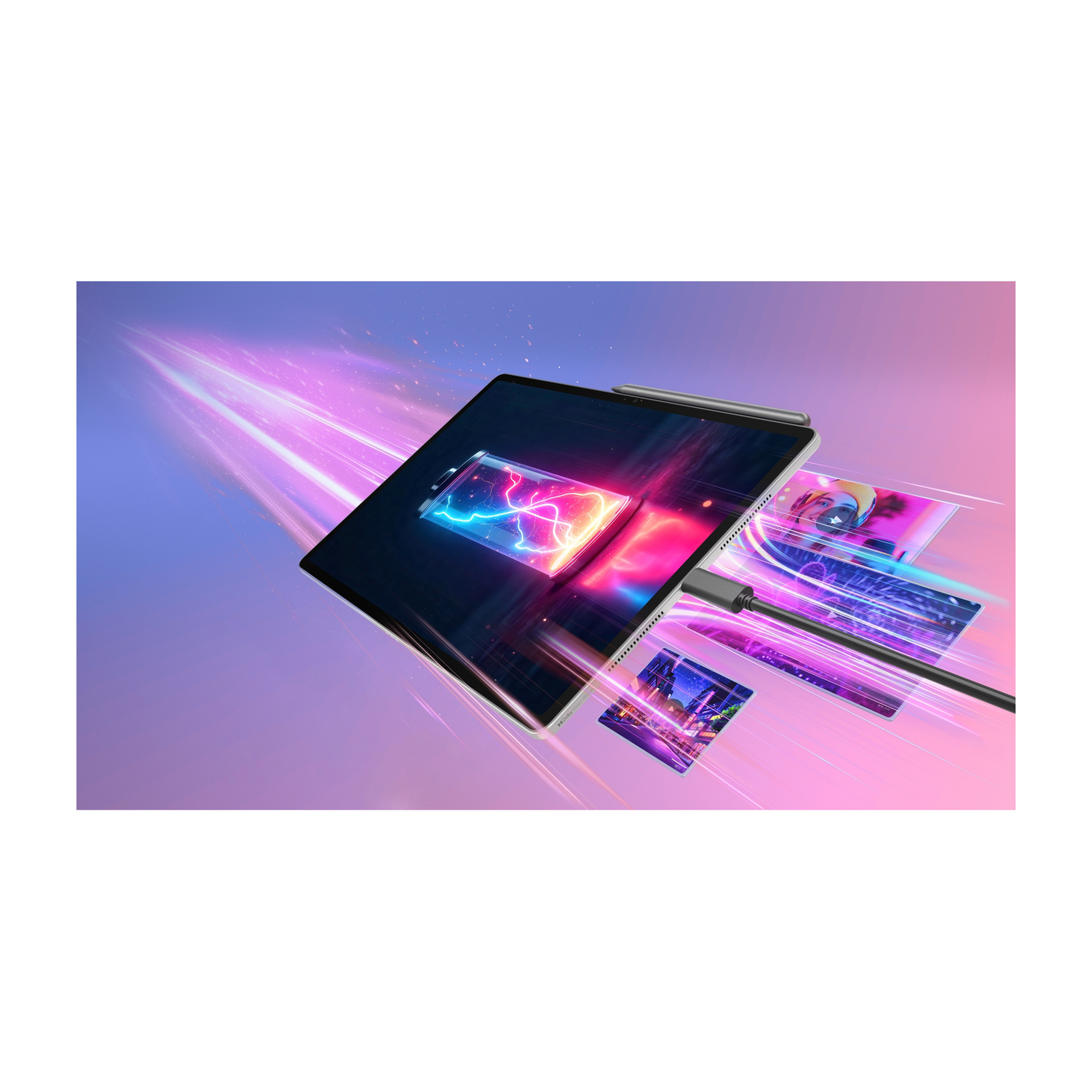 Un tablet con un'icona di batteria luminosa si carica circondato da strisce di luce.