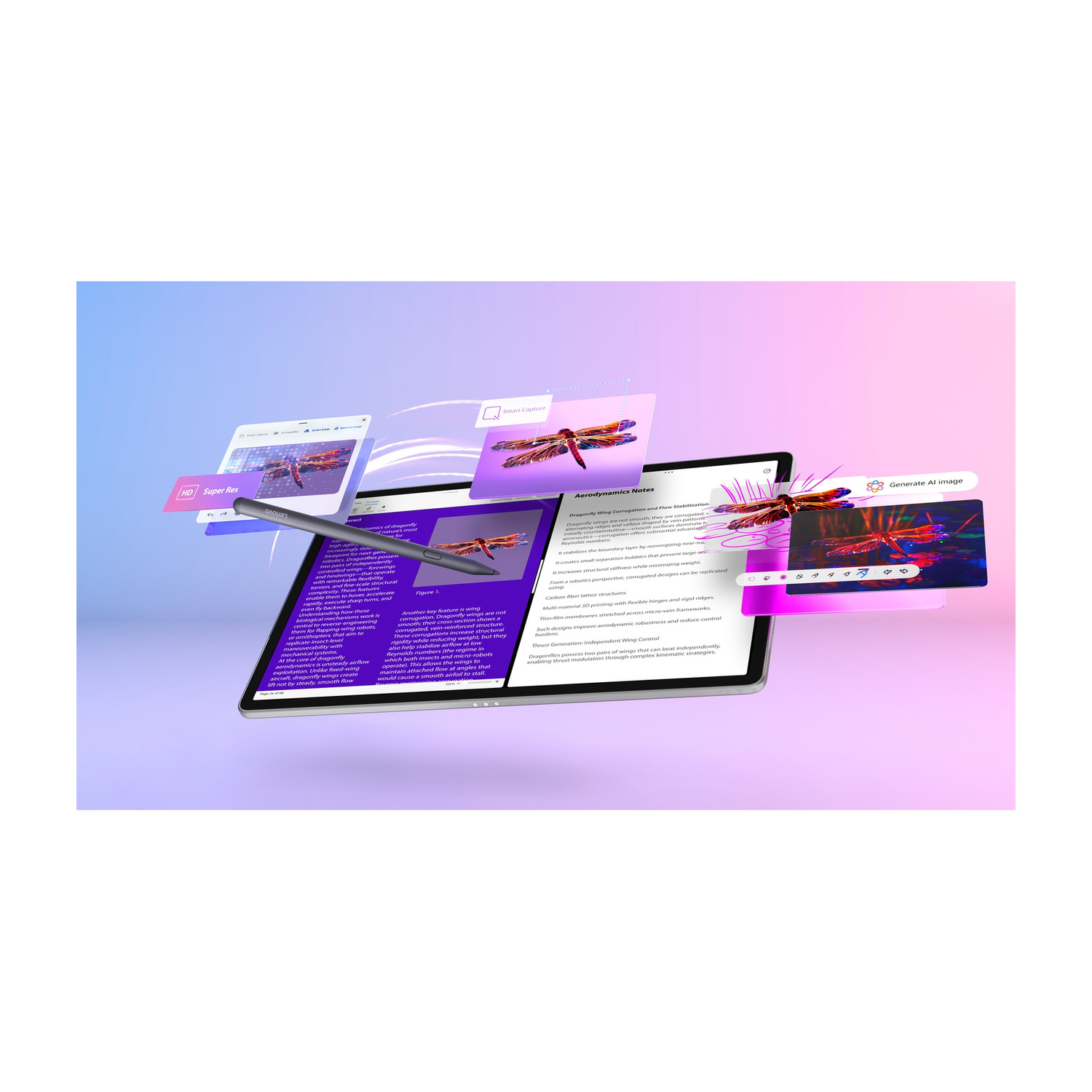 Un tablet fluttua su sfondo blu-rosa, circondato da note fluttuanti e immagini di libellule.