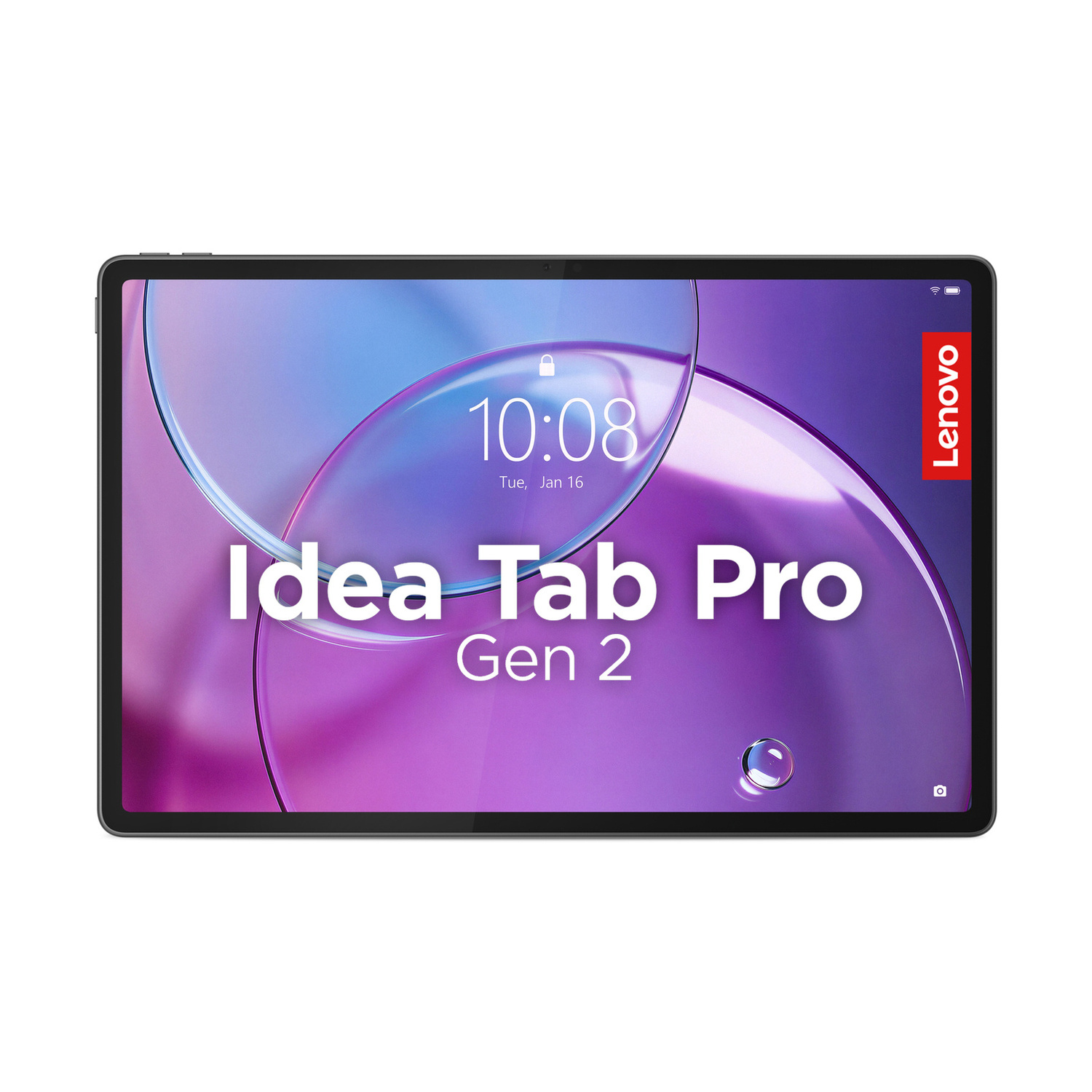 Tablet Lenovo Idea Tab Pro Gen 2 con sfondo blu e viola e orologio alle 10:08.