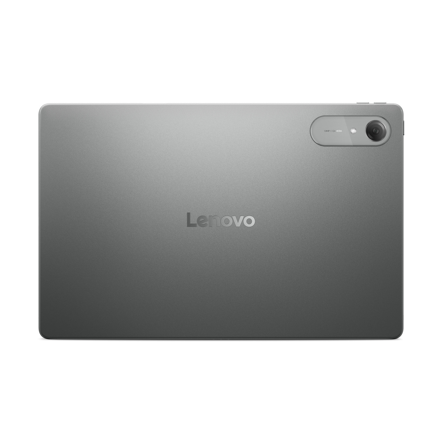Retro di un tablet Lenovo grigio con logo centrato e fotocamera in alto a destra.