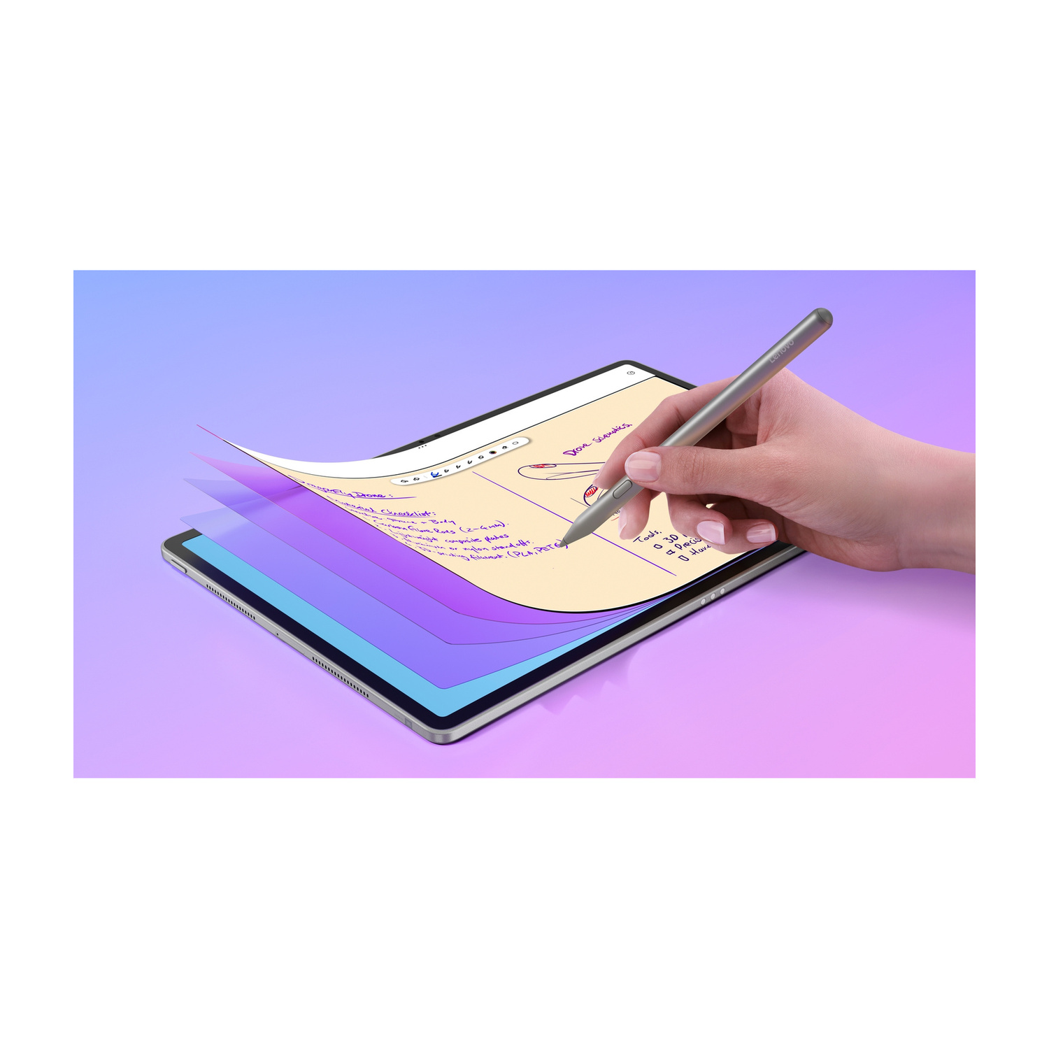 Mano tiene stilo, disegna sullo schermo del tablet con strati di carta colorata fluttuanti.