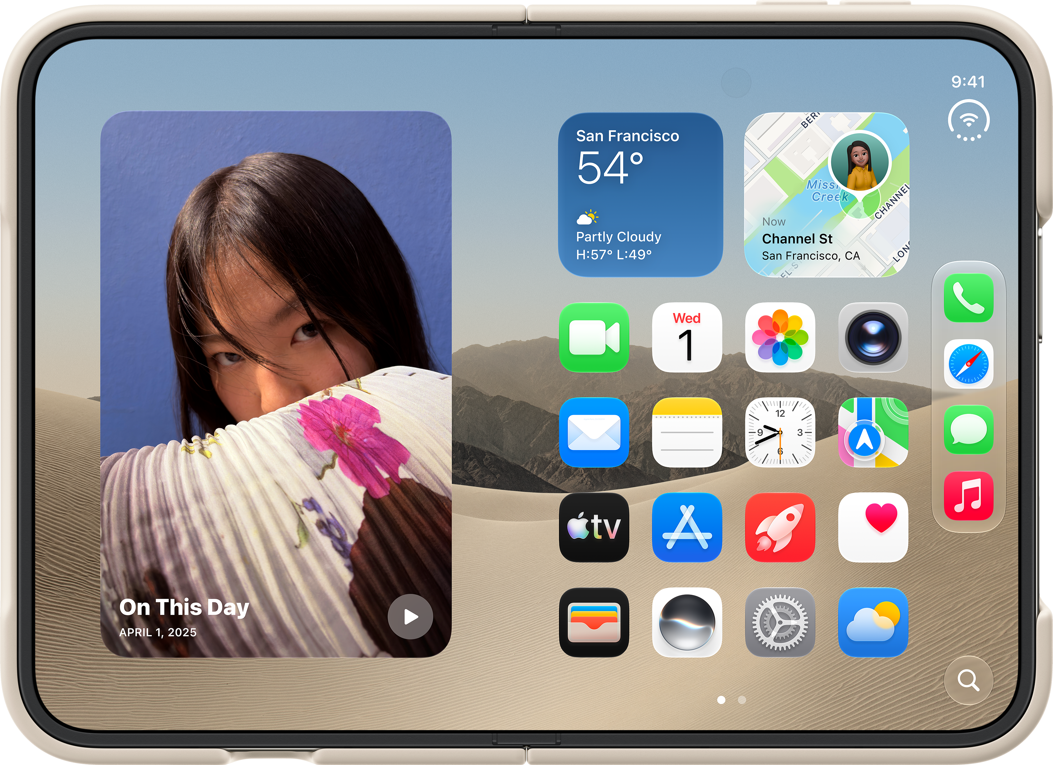 Écran de tablette affichant un widget photo, la météo et des icônes d'applications.