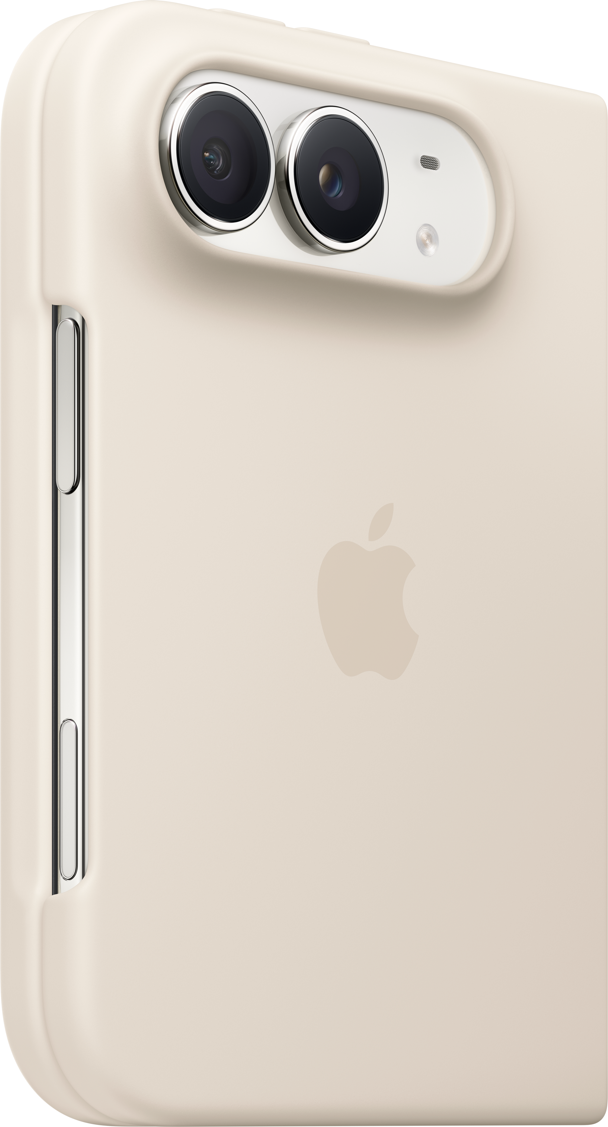 Coque iPhone beige avec double caméra, boutons argentés et logo Apple.