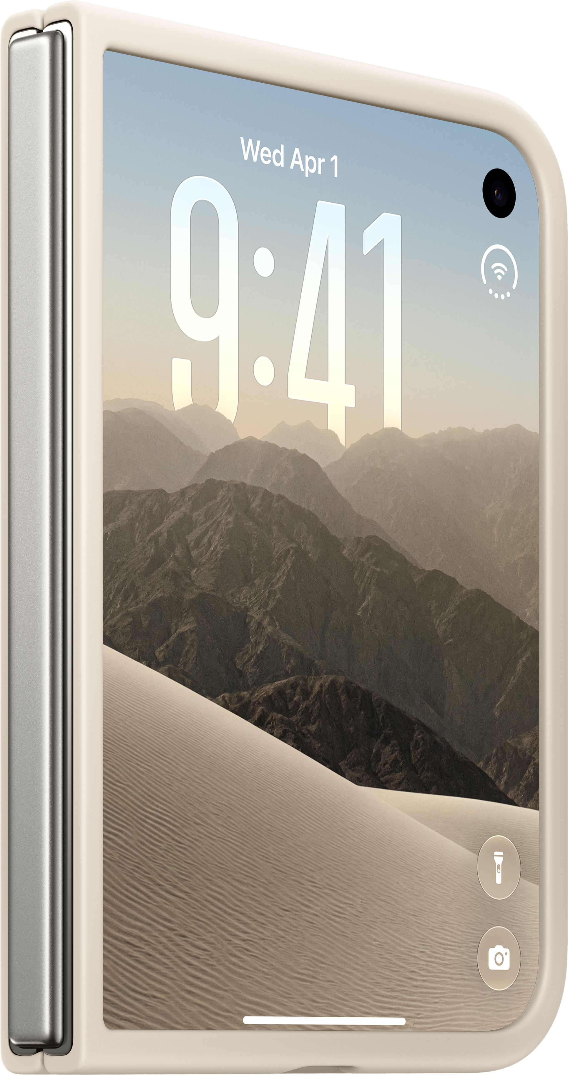 Un téléphone pliable beige fermé affiche un écran avec des montagnes en arrière-plan et l'heure 9:41.
