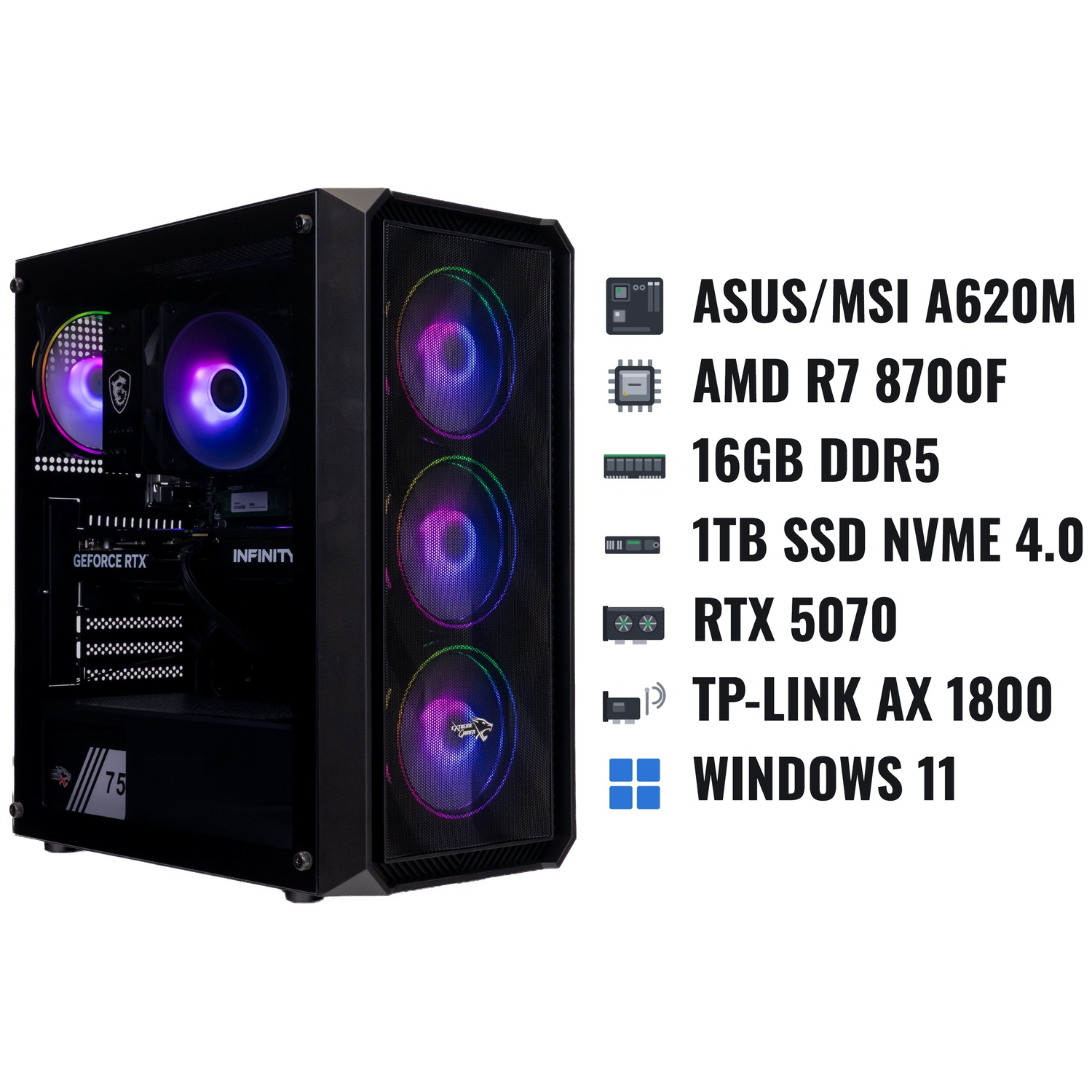 Gaming-pc met RGB-ventilatoren en vermelde hardwarespecificaties op een witte achtergrond.