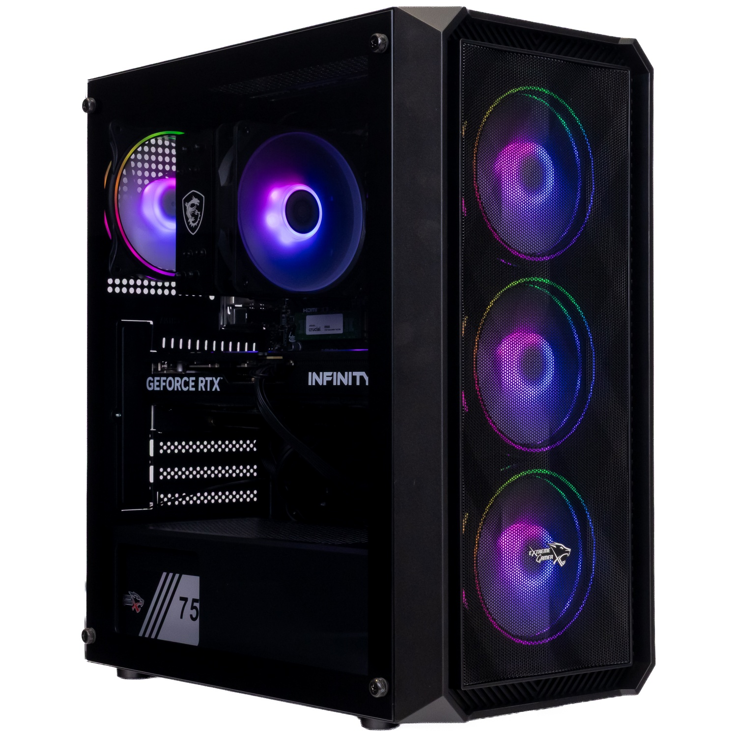 Zwarte gaming PC-toren met RGB-ventilatoren en glazen zijpaneel.