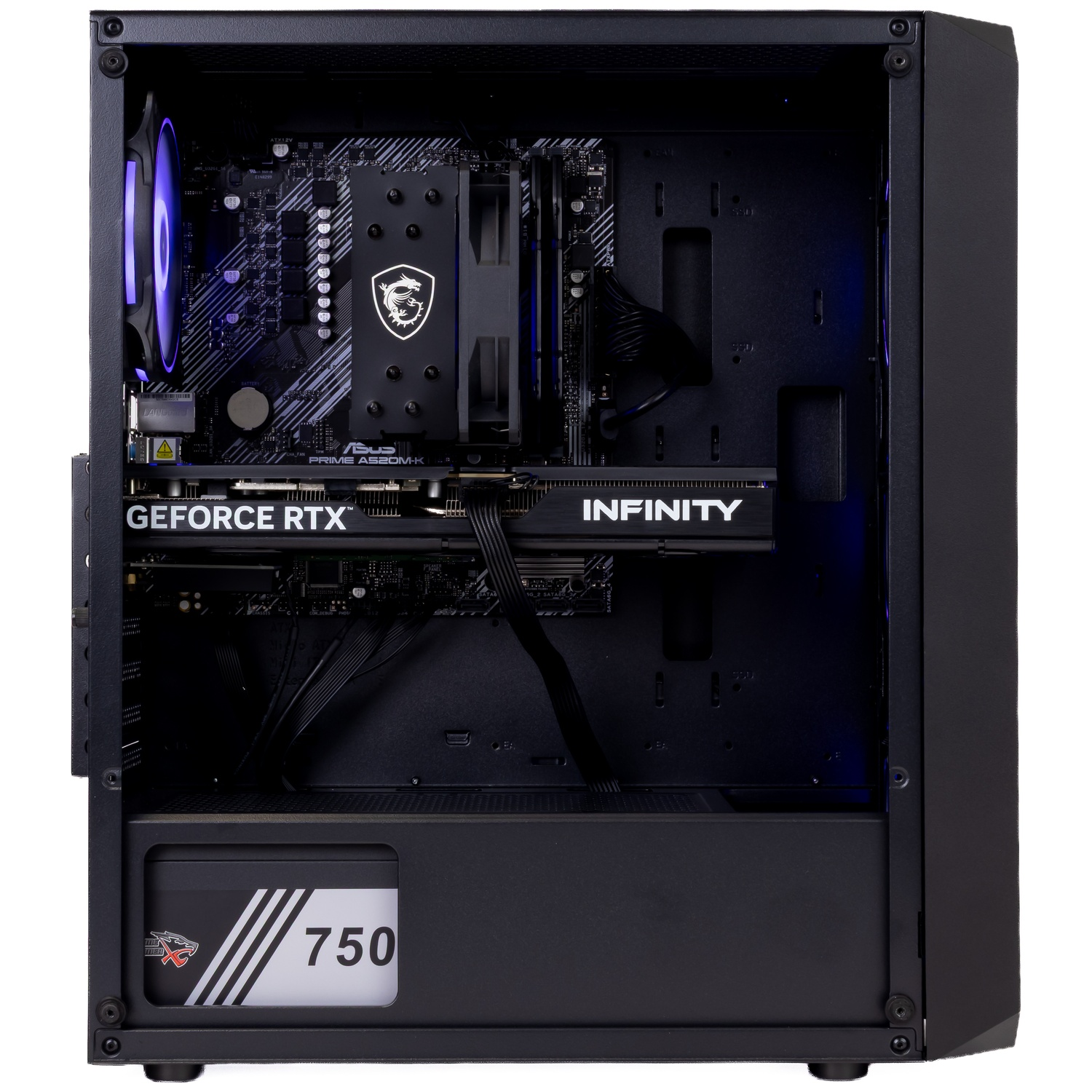 Pc-behuizing interieur met MSI-moederbord, GeForce RTX Infinity videokaart, CPU-koeler, blauwe ventilator en 750W voeding.