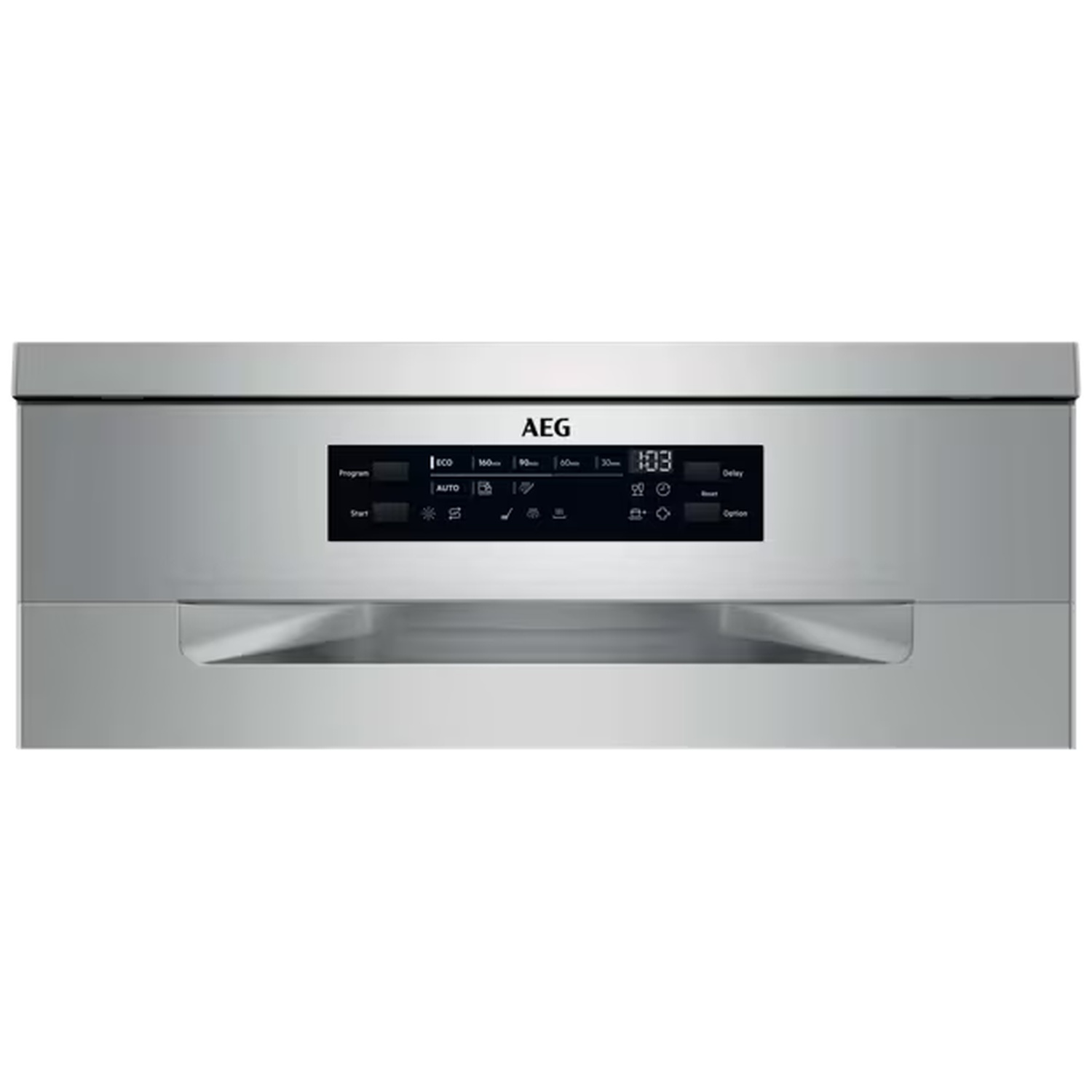 Panneau de commande de lave-vaisselle AEG argenté avec écran numérique noir central, touches tactiles et large poignée.