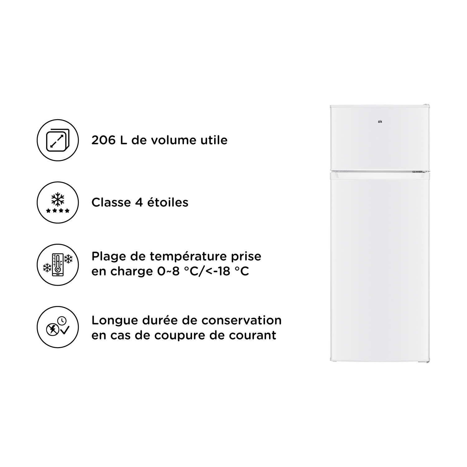 Frigorifero bianco con icone tecniche e caratteristiche in francese sulla sinistra.