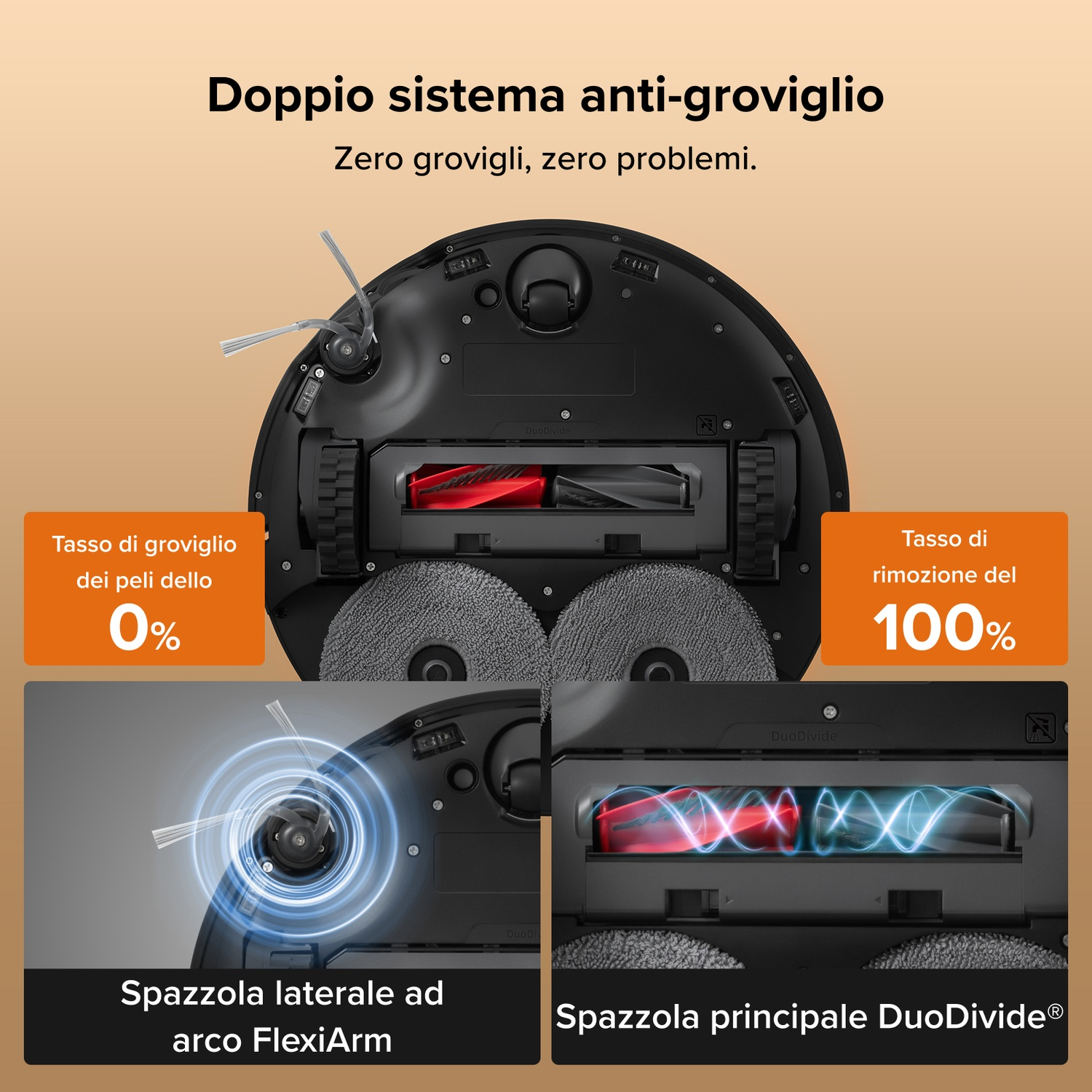 Vista inferiore di un robot aspirapolvere con sistema anti-aggrovigliamento, spazzola laterale e principale.