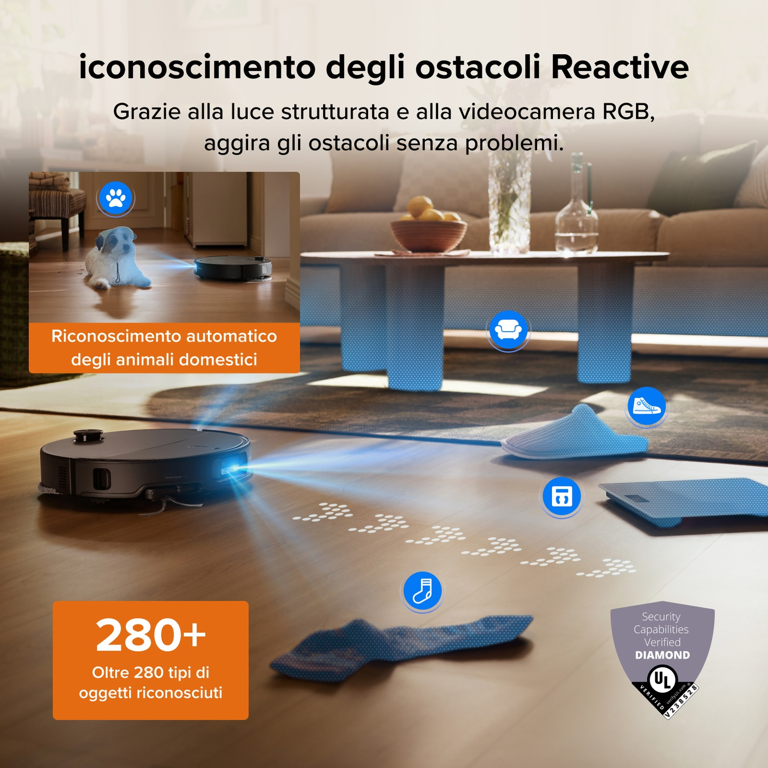 Un robot aspirapolvere con luce laser rileva gli ostacoli sul pavimento in un soggiorno.