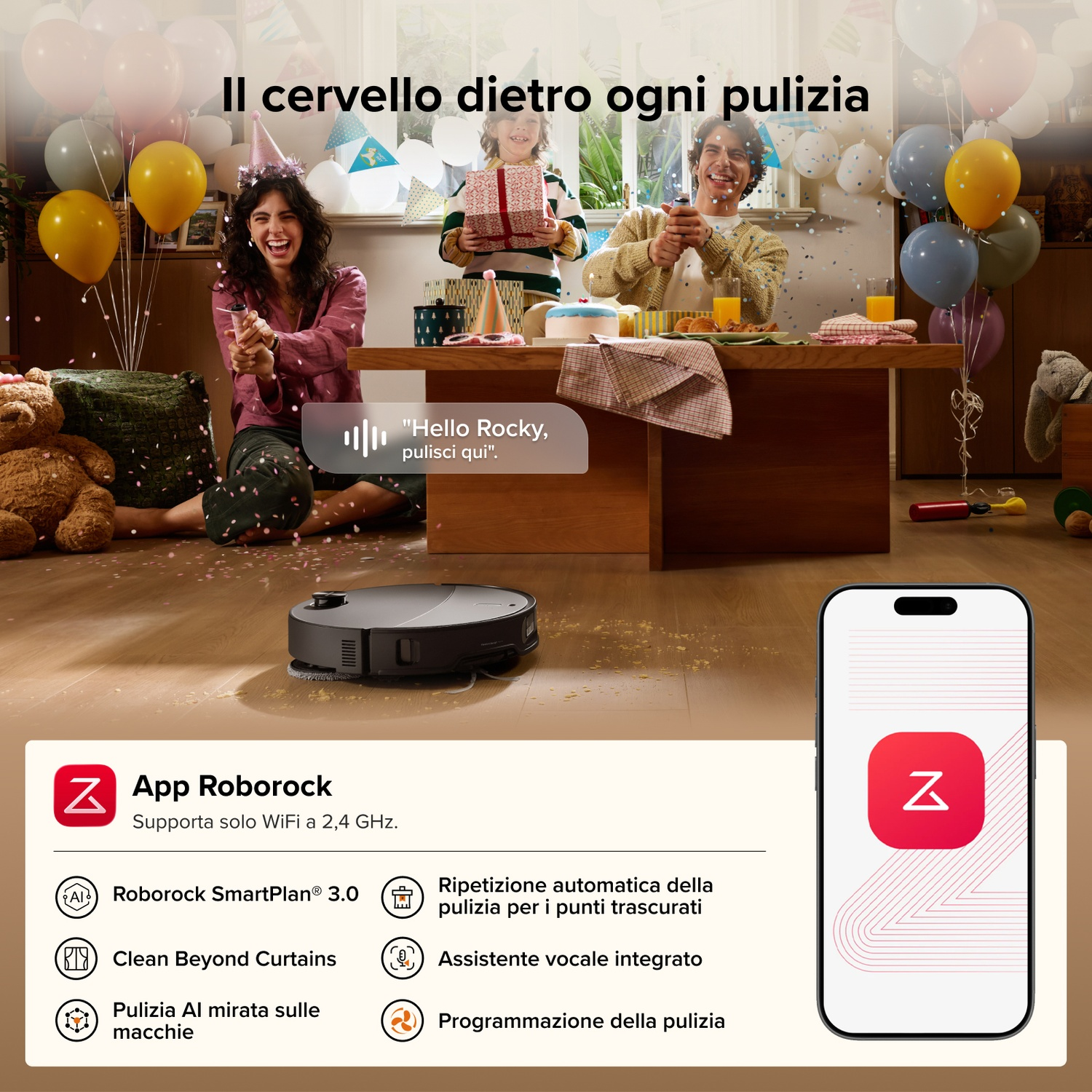 Una famiglia festeggia mentre un robot aspirapolvere pulisce il pavimento vicino a un'app per smartphone.