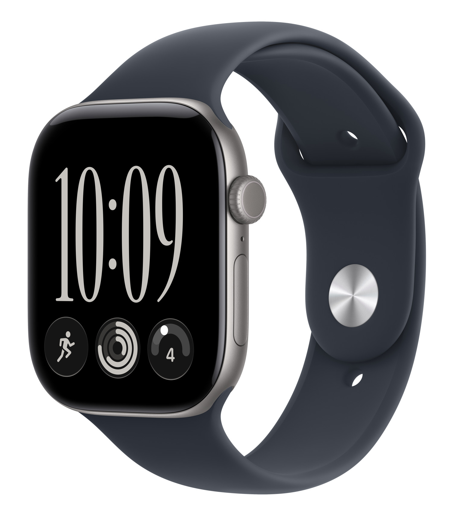 Szary smartwatch z czarnym paskiem pokazuje godzinę 10:09 i ikony fitness.