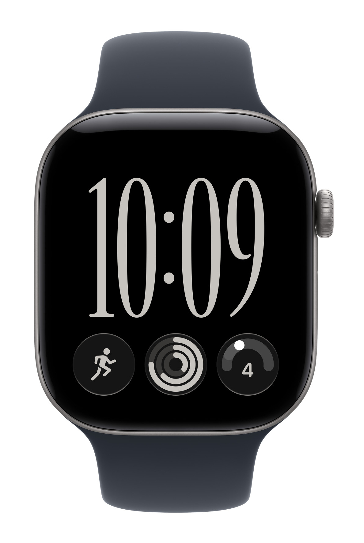 Czarny smartwatch z ciemnoszarą kopertą i silikonowym paskiem pokazuje godzinę 10:09 na ekranie.