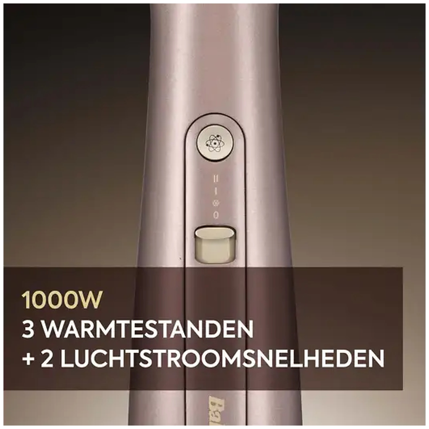 Close-up of control buttons on a rose gold hair styling device against a dark background with text.