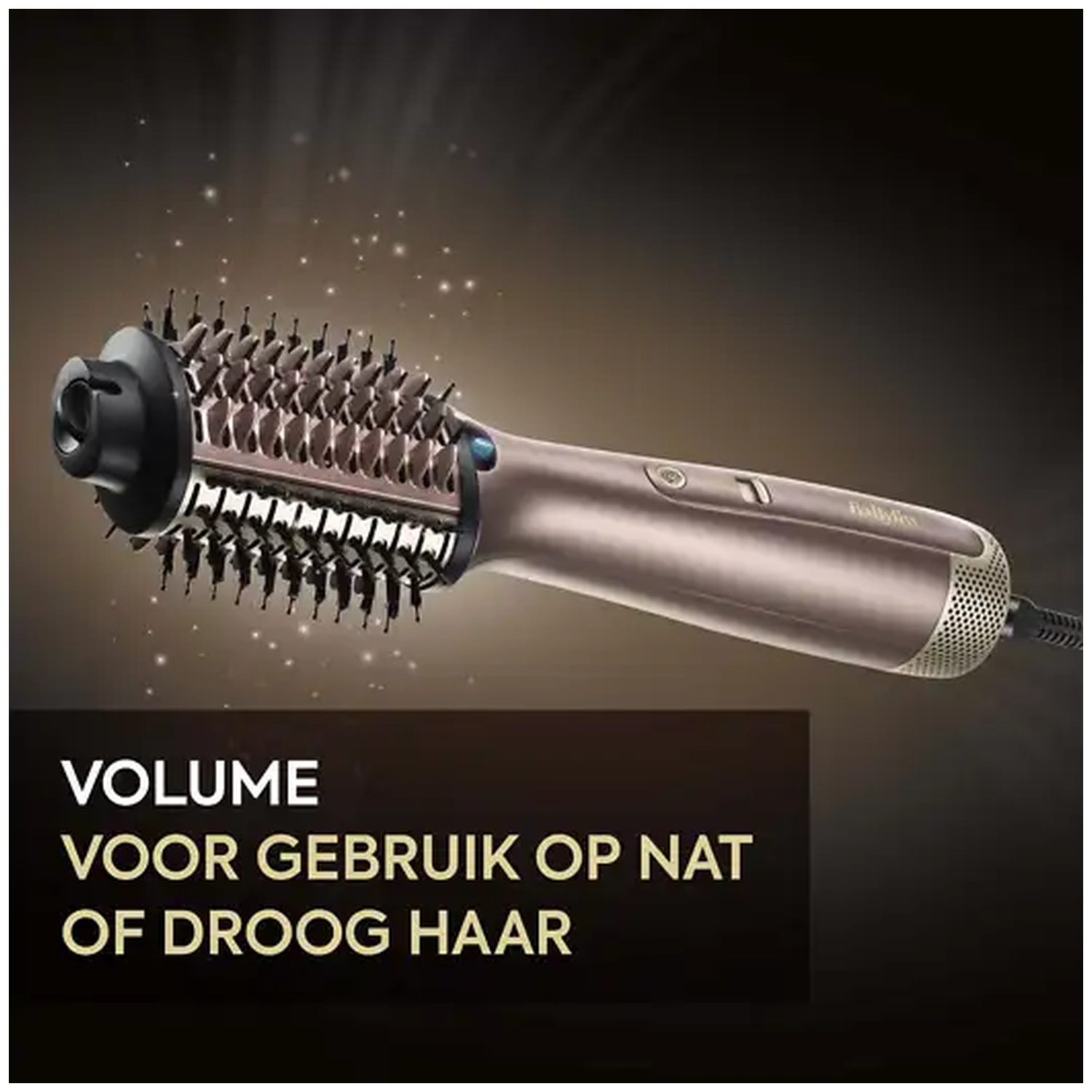 Rose gold hair styling brush with black bristles against a dark background with golden sparkles and text.