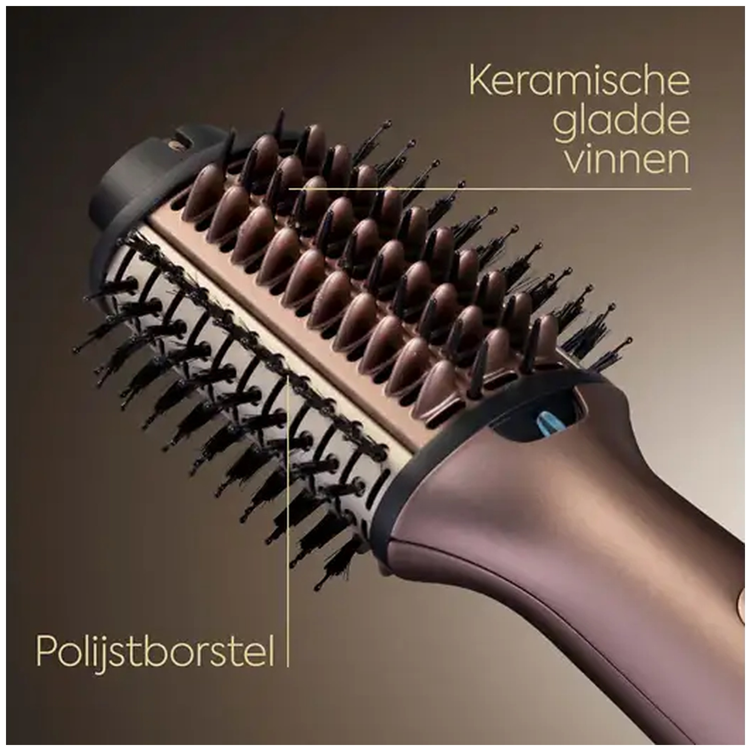 Close-up of a styling hairbrush showing ceramic smooth fins and polishing bristles against a dark background.