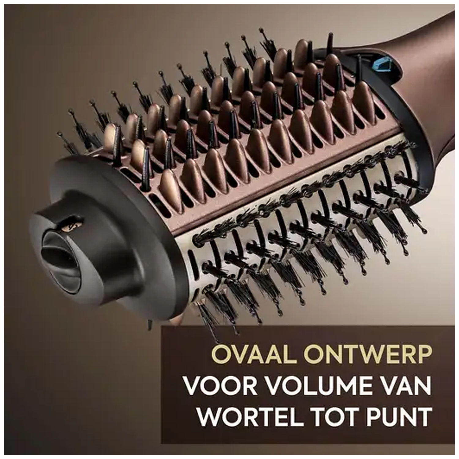 An oval hair styling brush with brown bristles on a brown background.
