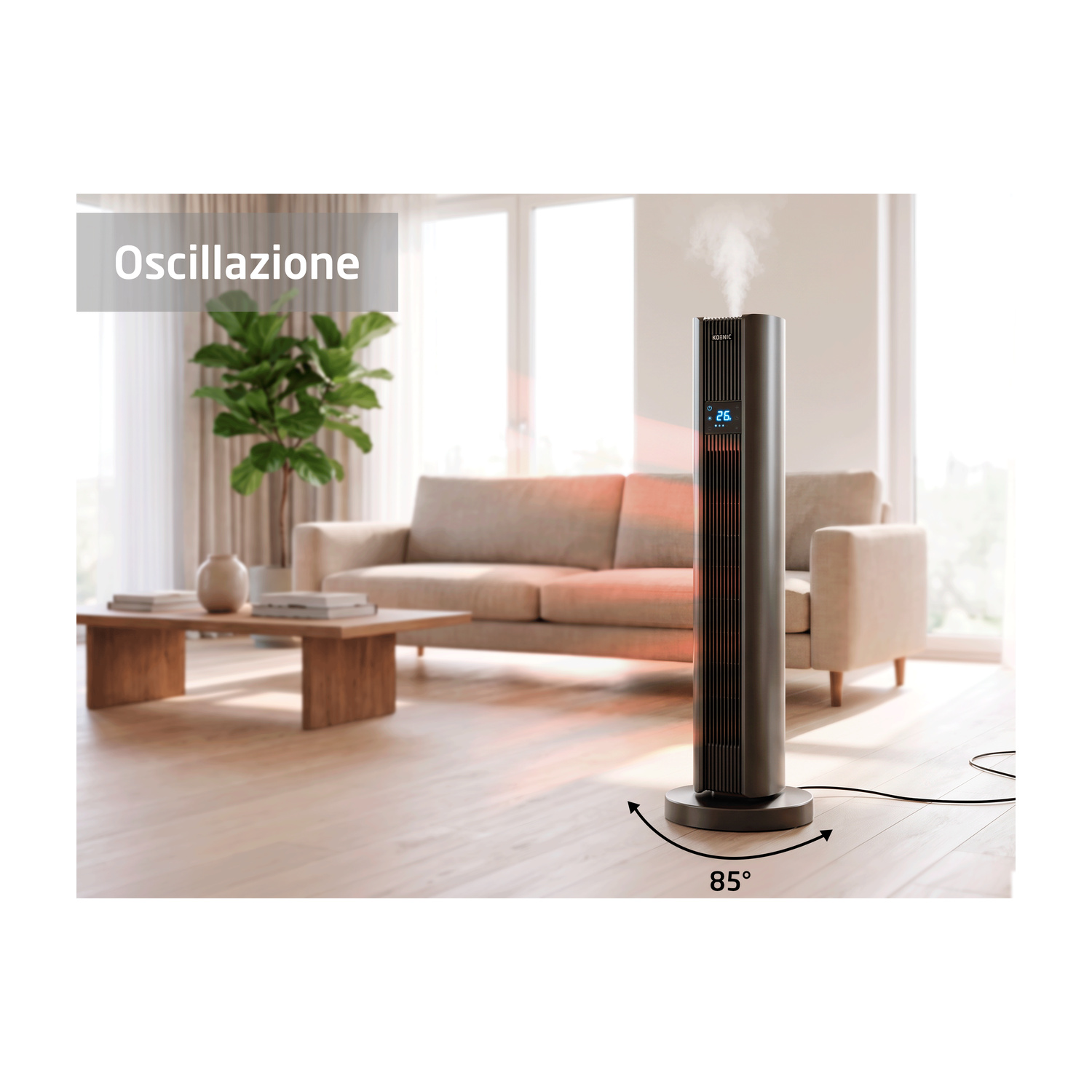 Un ventilatore a torre grigio con oscillazione a 85 gradi in soggiorno.