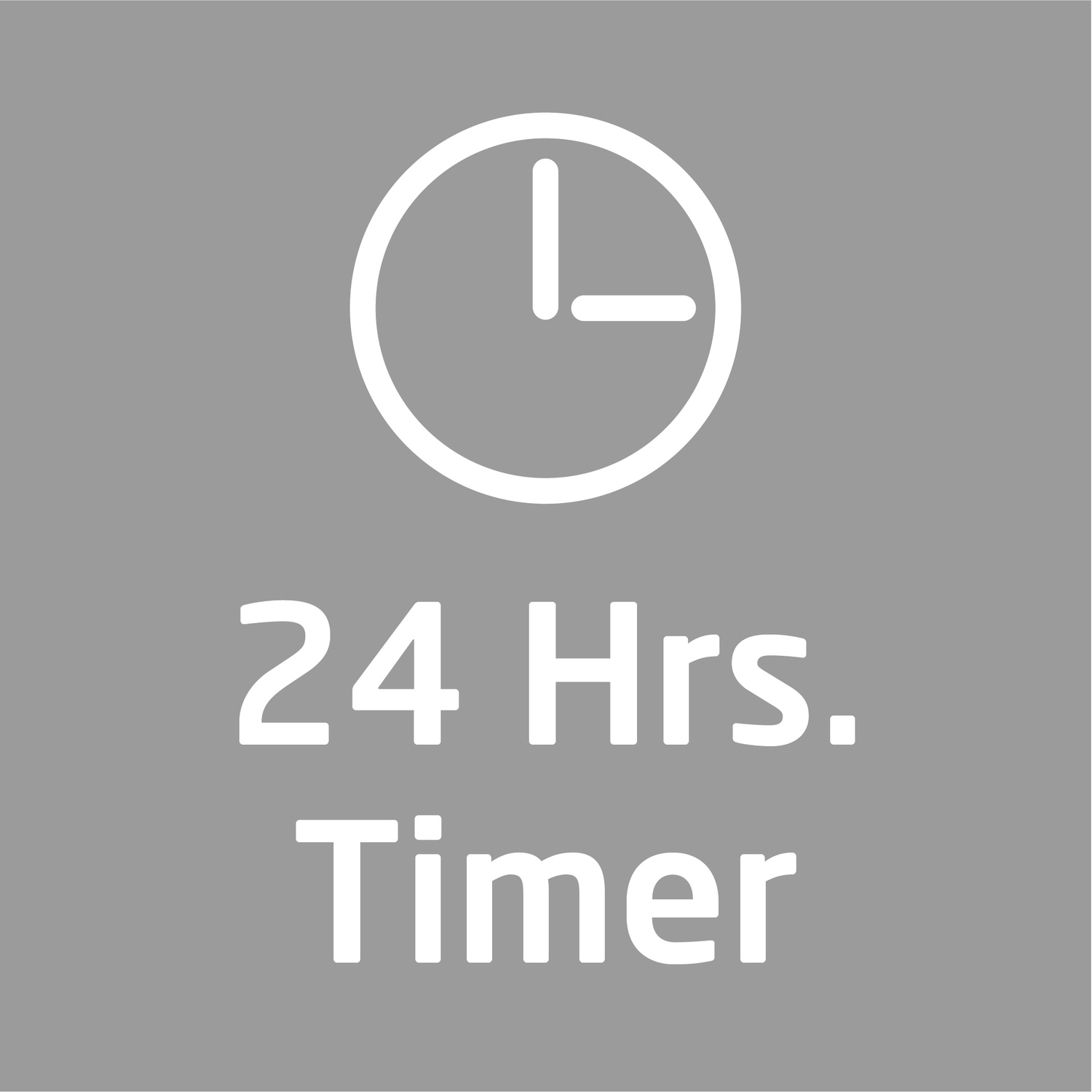 Icona grigia con un orologio bianco e la scritta 24 Hrs. Timer.