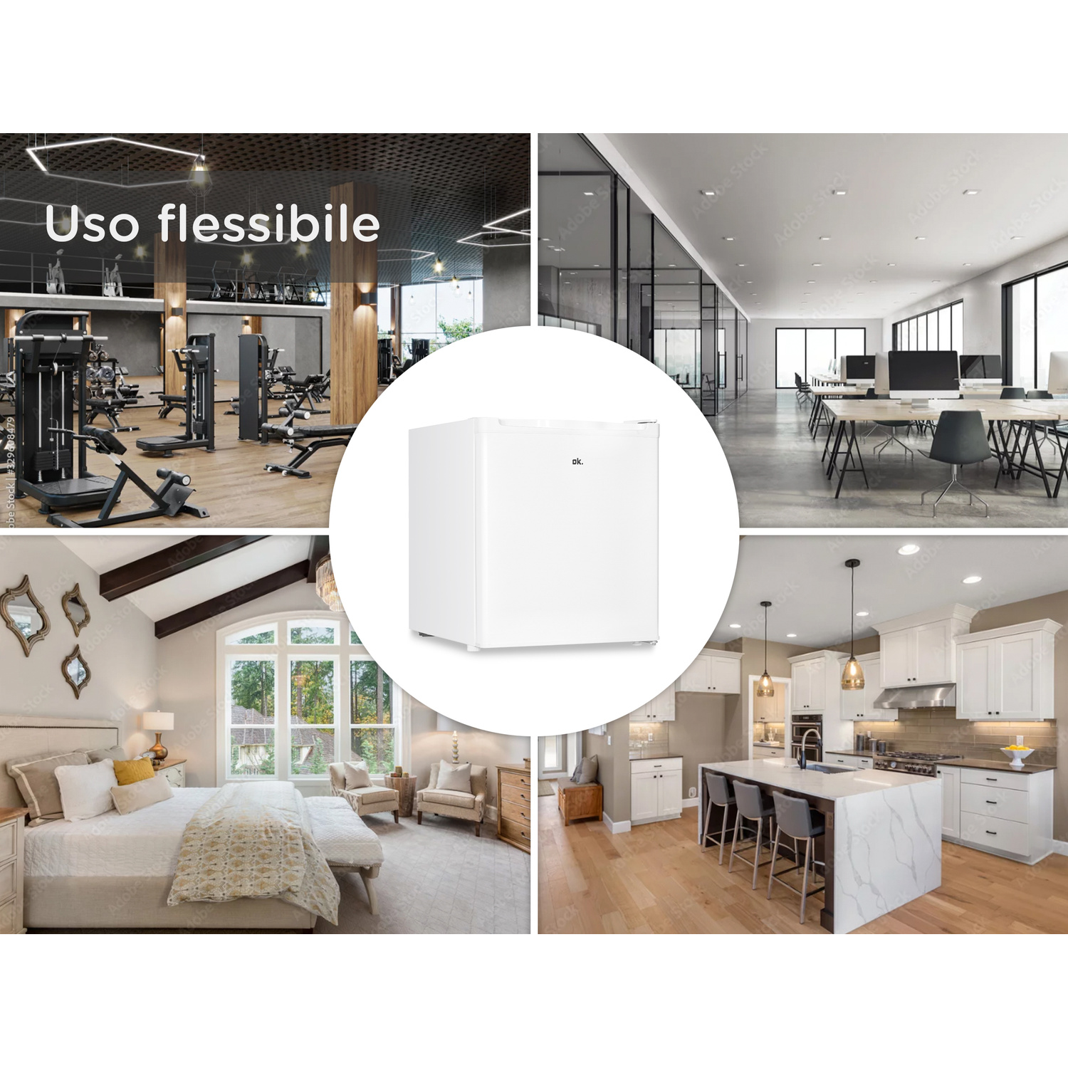 Un mini frigo bianco compatto al centro, circondato da immagini di una palestra, ufficio, camera da letto e cucina.