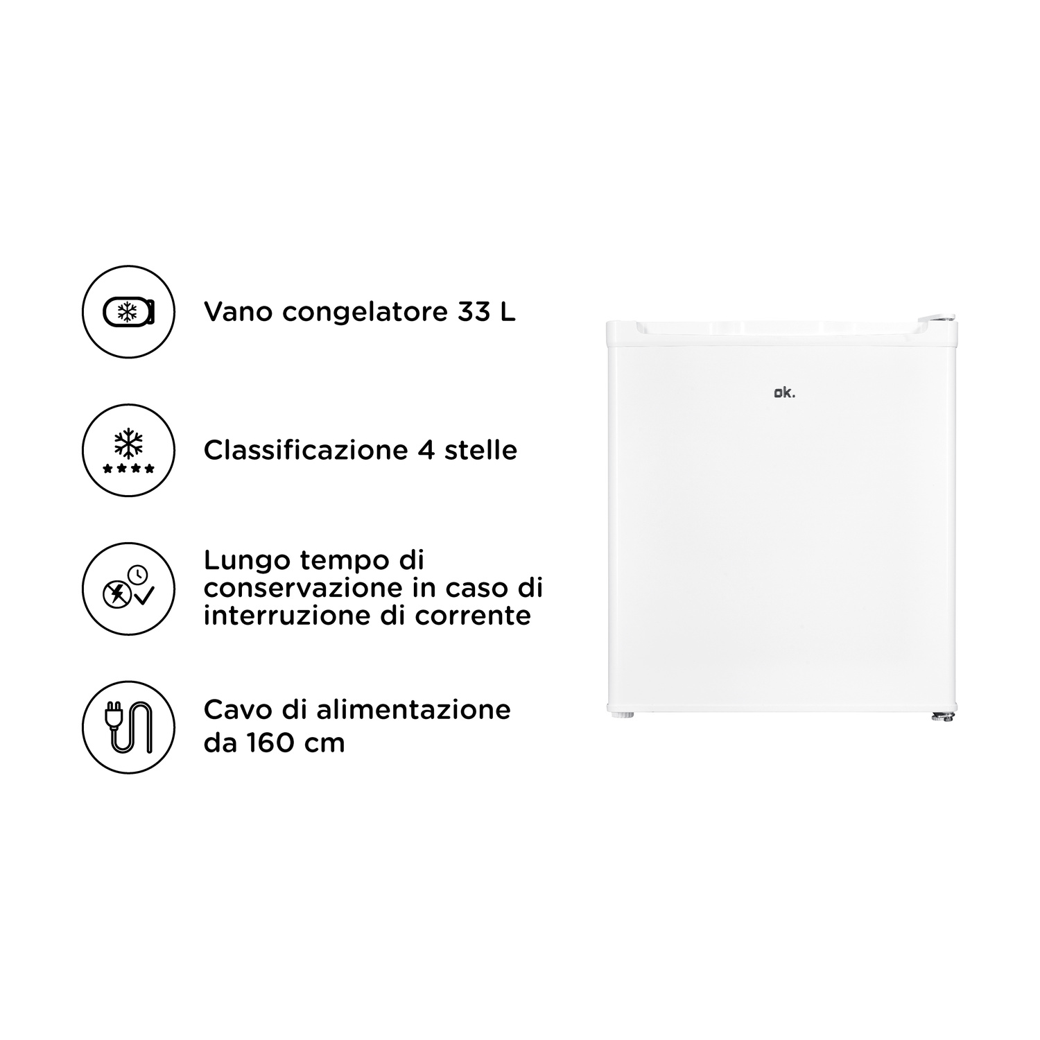 Un mini frigorifero bianco con quattro icone di caratteristiche e testo in italiano a sinistra.