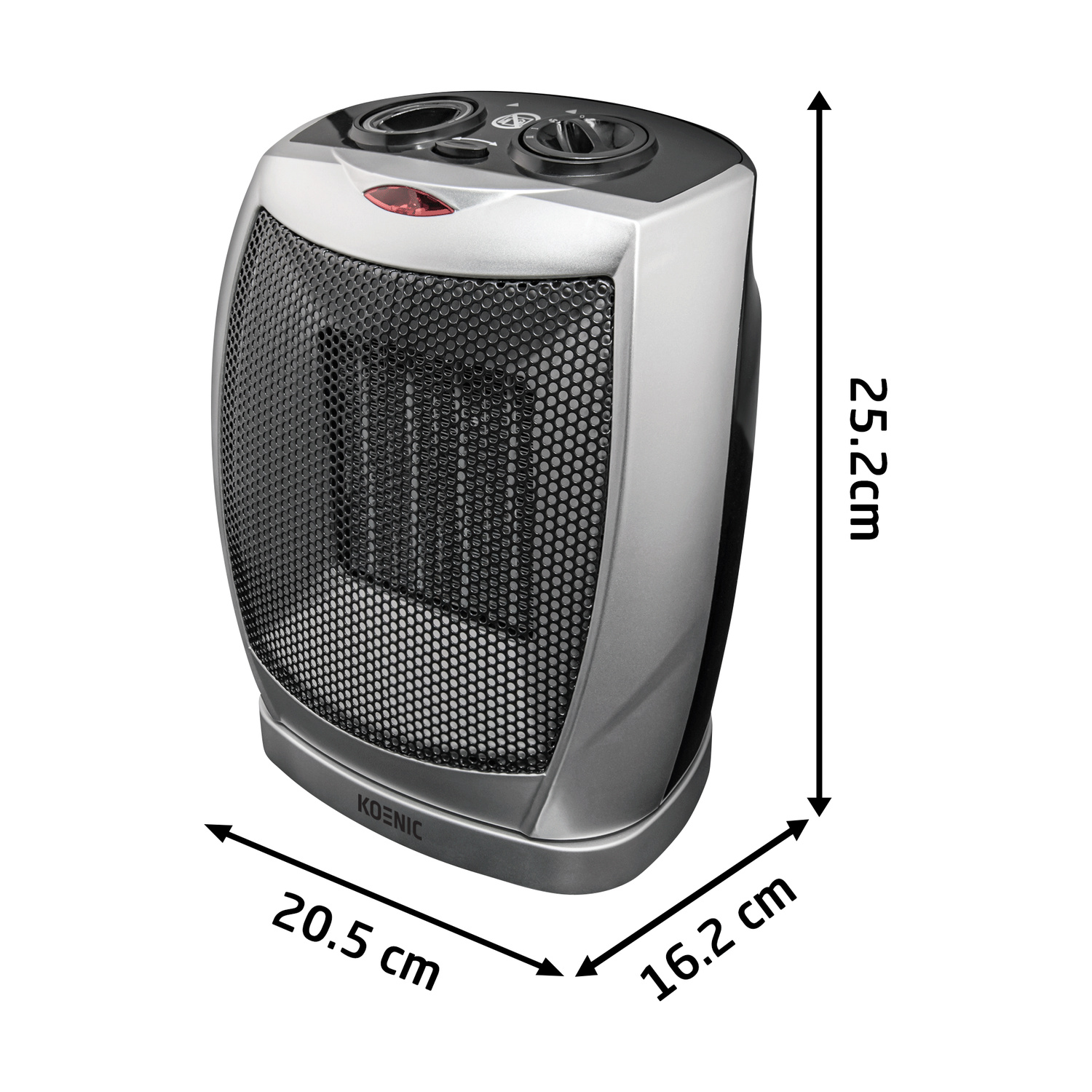 Termoventilatore Koenic argentato con griglia nera e dimensioni in centimetri su sfondo bianco.