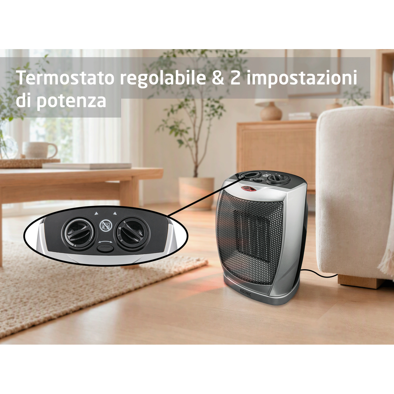 Termoventilatore sul pavimento di un soggiorno, con un dettaglio ingrandito delle manopole e testo.