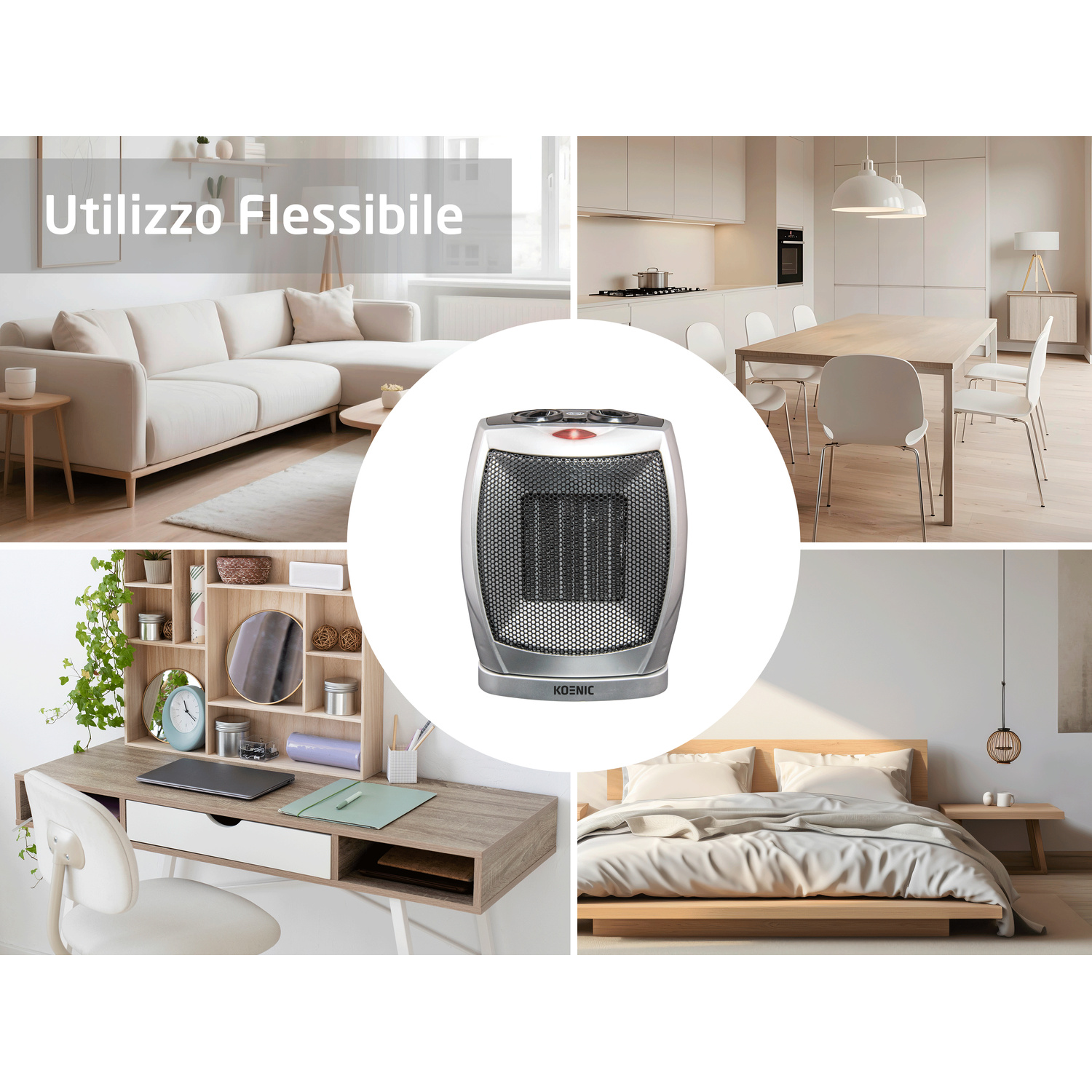 Un termoventilatore portatile al centro, circondato da immagini di un soggiorno, cucina, ufficio e camera da letto.
