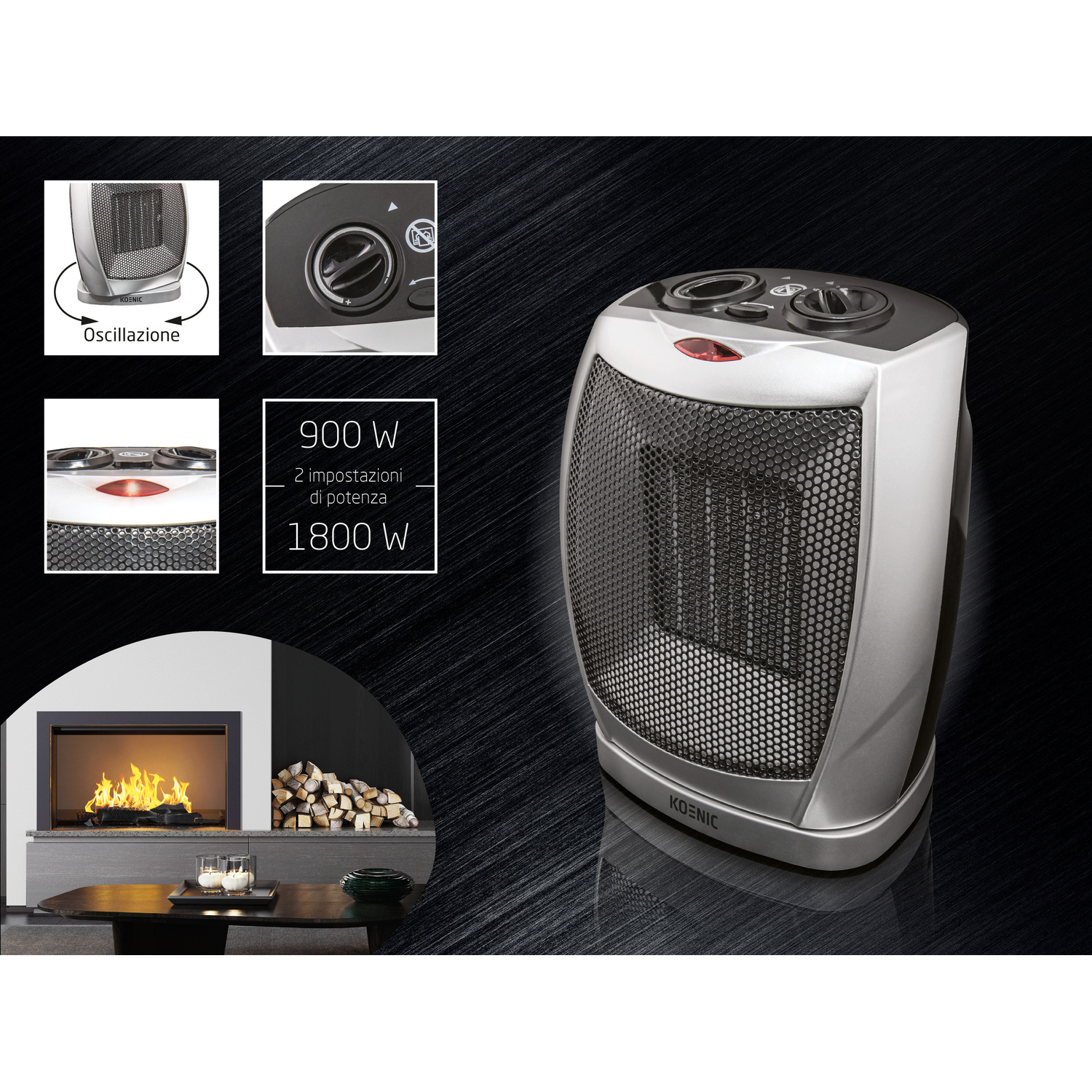 Termoventilatore grigio Koenic con opzioni di impostazione e immagine di camino.