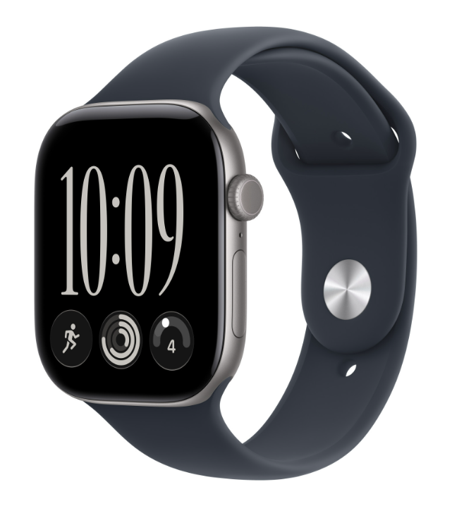 Czarny smartwatch z ciemnoniebieskim silikonowym paskiem wyświetla godzinę 10:09 i trzy aplikacje aktywności.