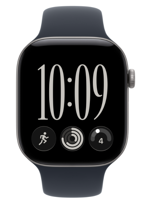 Czarny smartwatch z ciemnoniebieskim paskiem pokazuje godzinę 10:09 i trzy ikony.