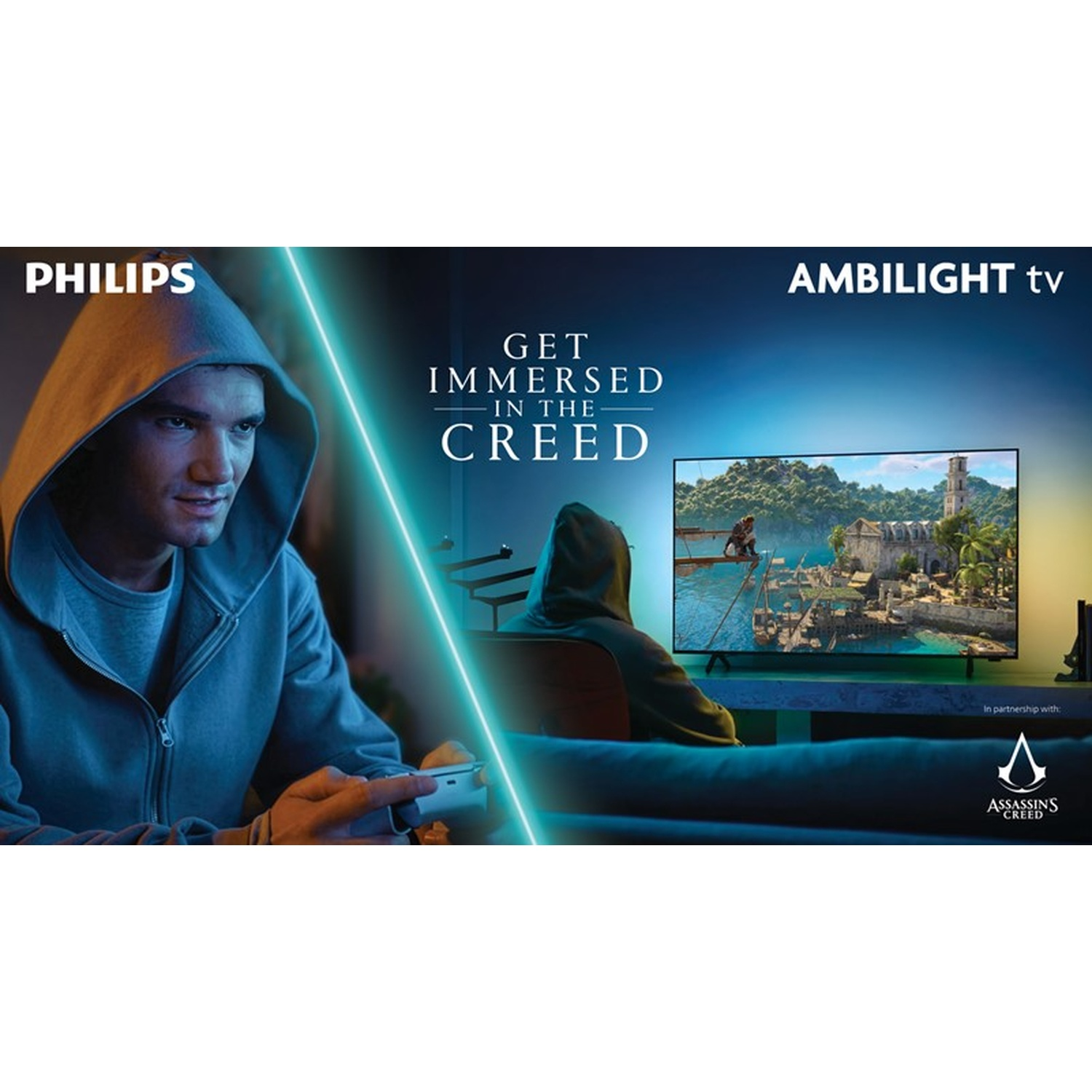 Un homme à capuche joue à un jeu vidéo sur un téléviseur Philips Ambilight.