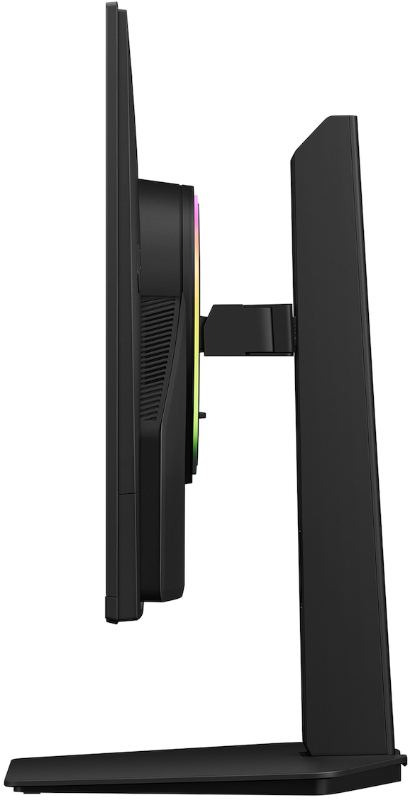 Egy fekete monitor oldalsó nézete RGB megvilágítással egy stabil állványon.