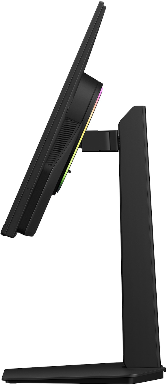 Egy fekete monitor oldalsó nézete RGB világítással állványon, fehér háttér előtt.