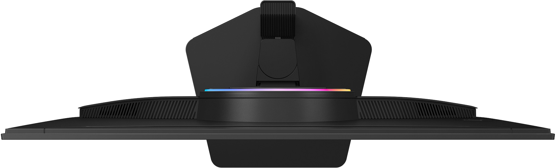 Fekete monitor hátulja RGB világítású talppal.