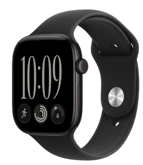 Czarny smartwatch z cyfrową tarczą i paskiem na białym tle.