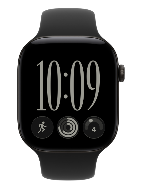 Czarny smartwatch pokazujący godzinę 10:09 na wyświetlaczu, z trzema okrągłymi ikonami aplikacji poniżej, na białym tle.