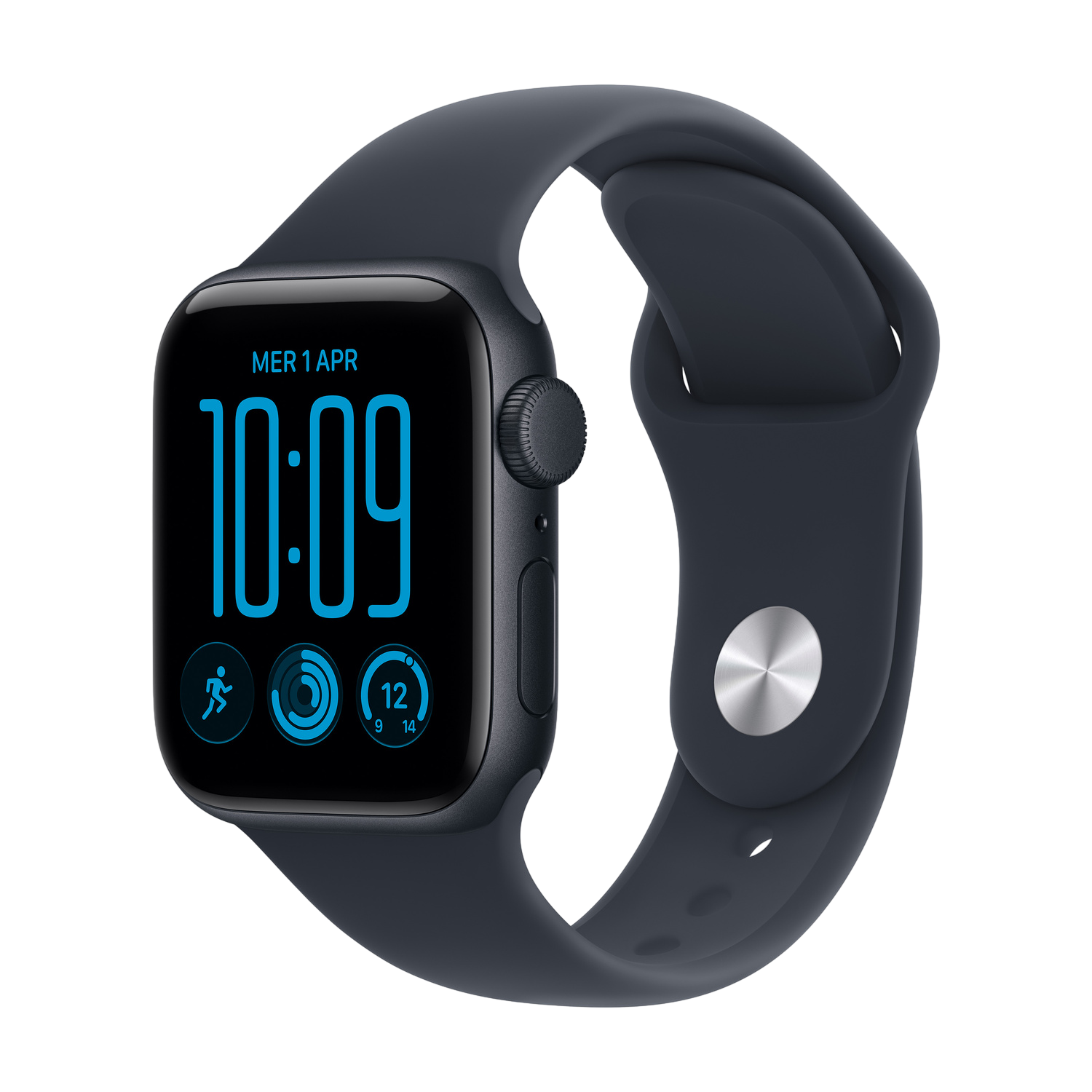 Uno smartwatch nero con display digitale blu che mostra le 10:09, su sfondo nero.